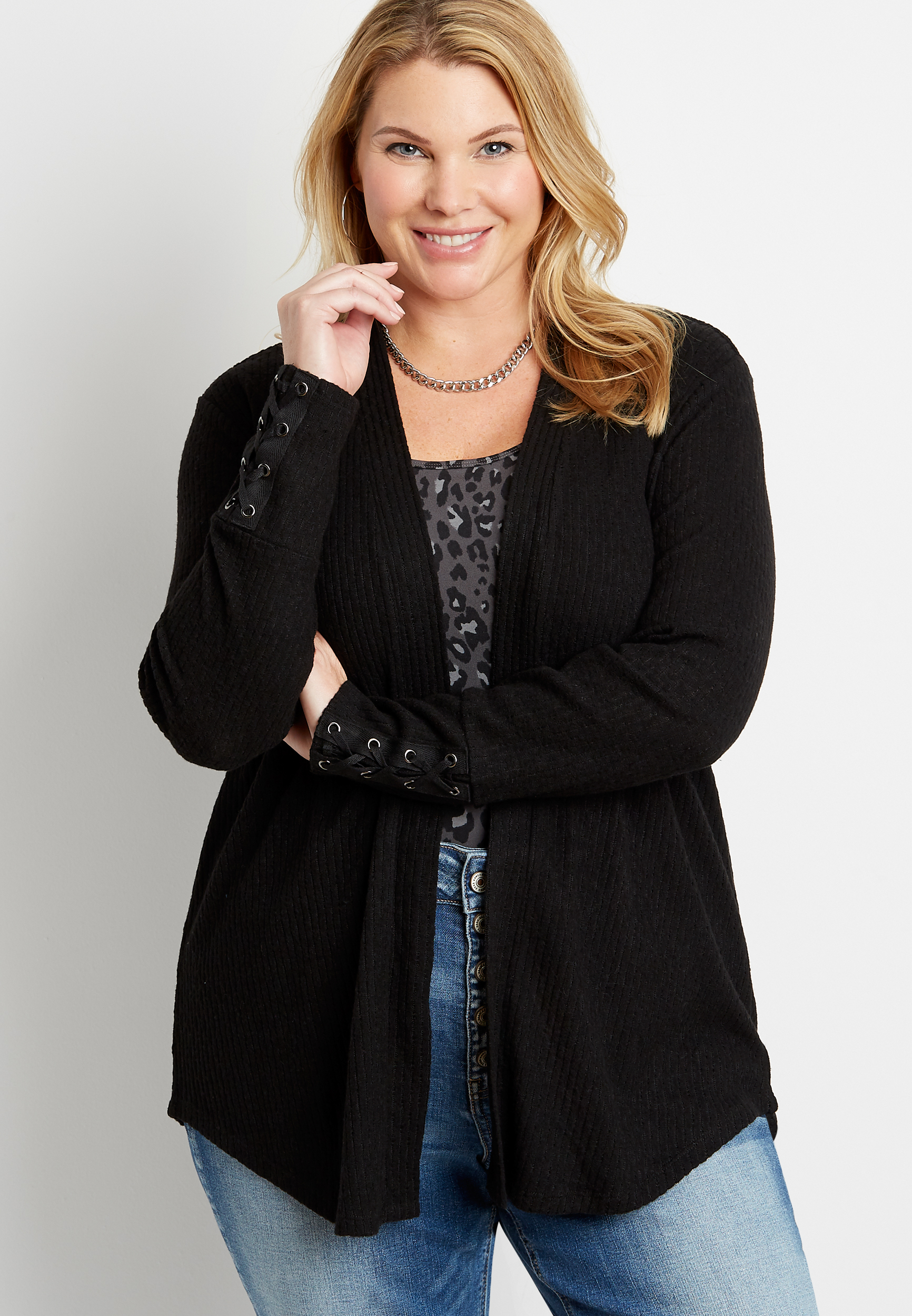 Plus Size Black Lace Up Sleeve Open Front Cardigan