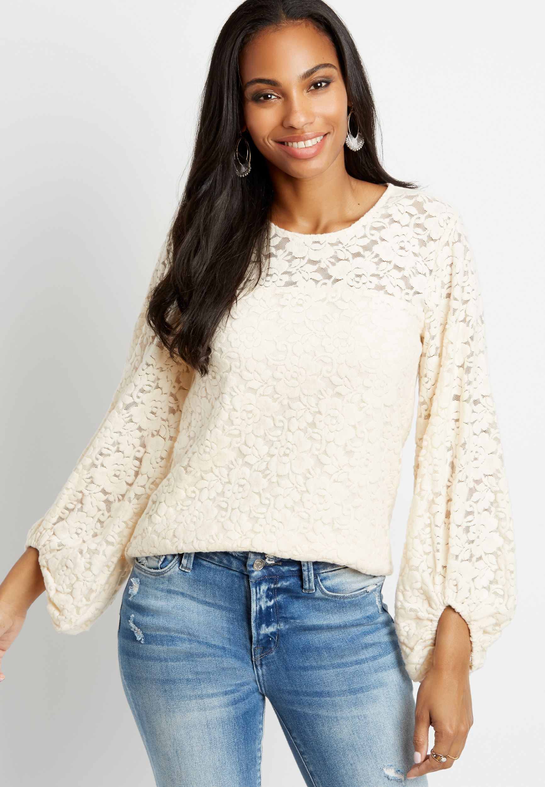 Solid Cozy Lace Balloon Sleeve Top