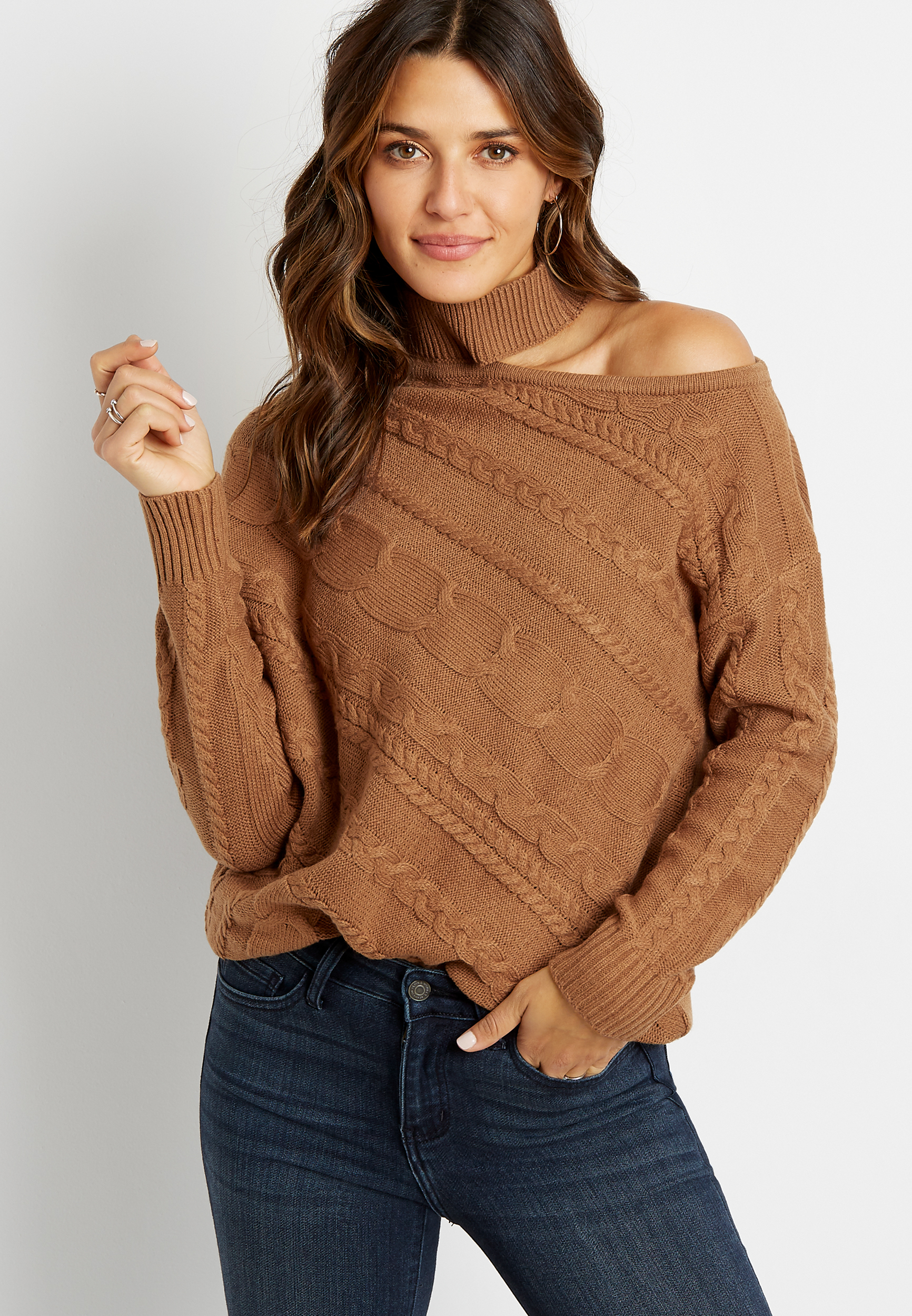 Cable Knit Mock Neck Shoulder Cut Out Pullover Sweater