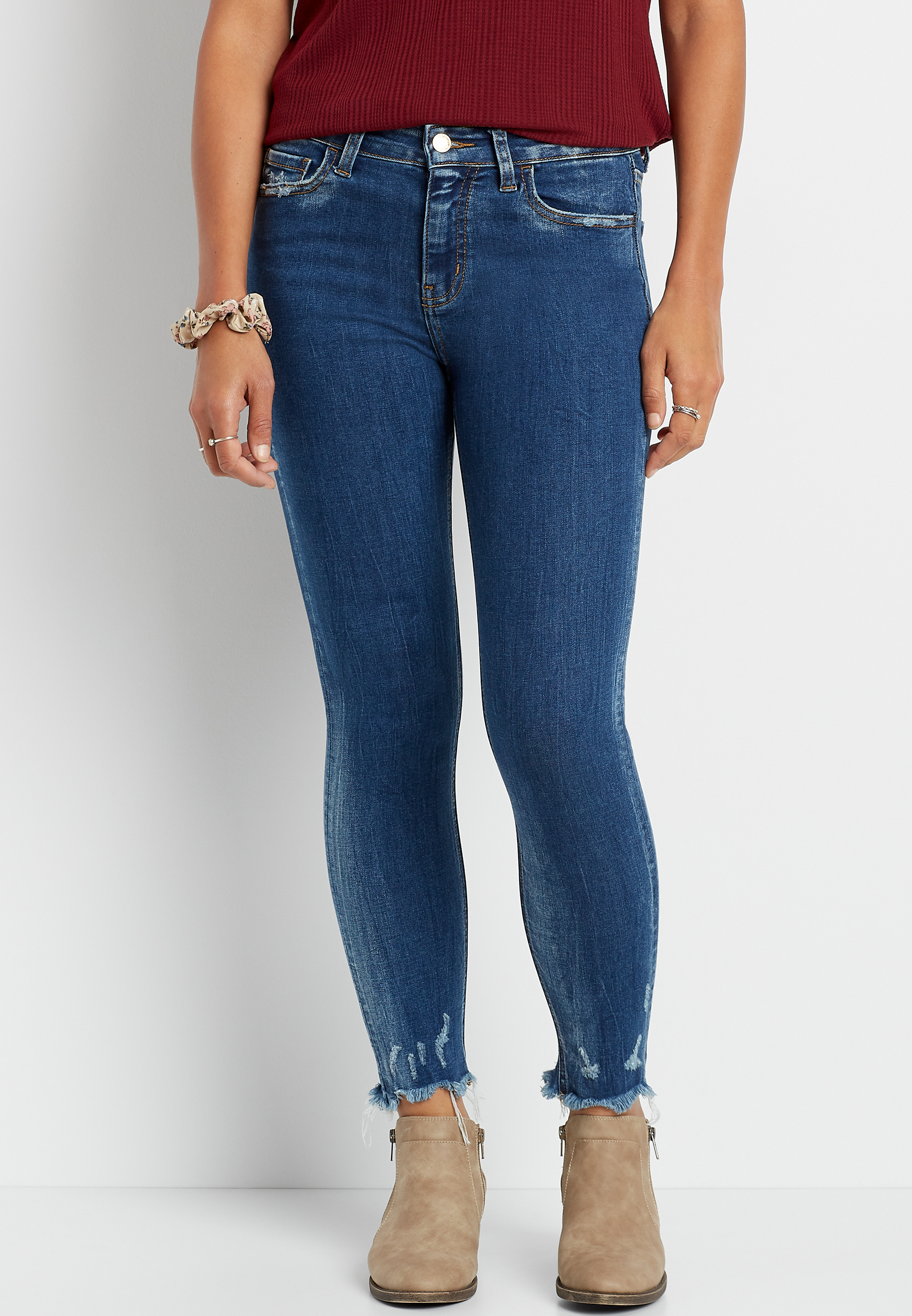 frayed hem skinny ankle jeans