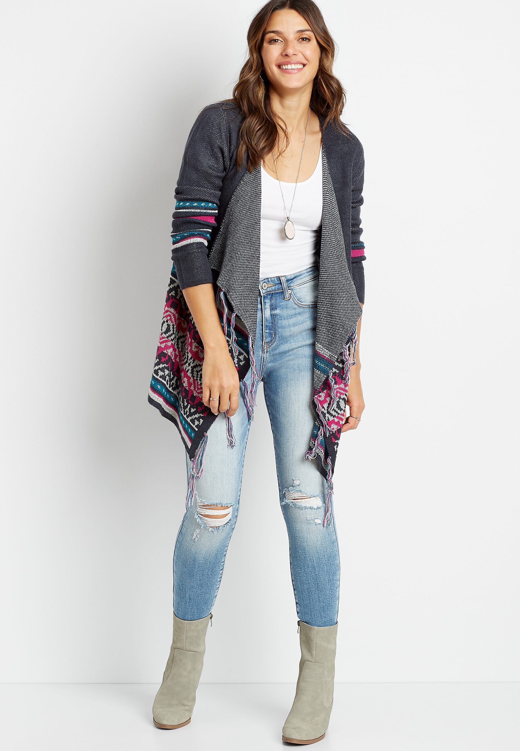 fringe trim open front cardigan