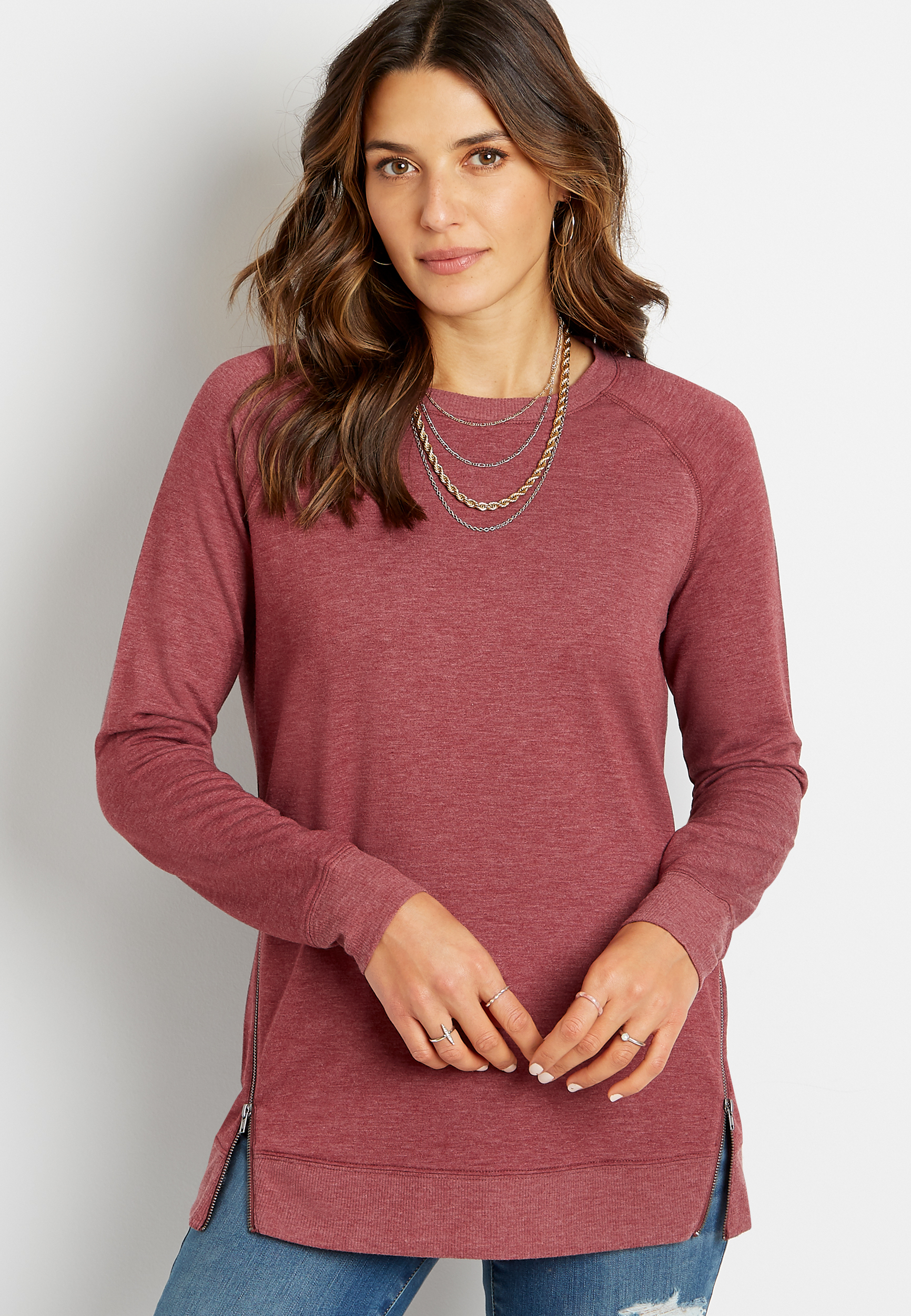 Solid Side Zipper Crew Neck Pullover Sweatshirt | maurices