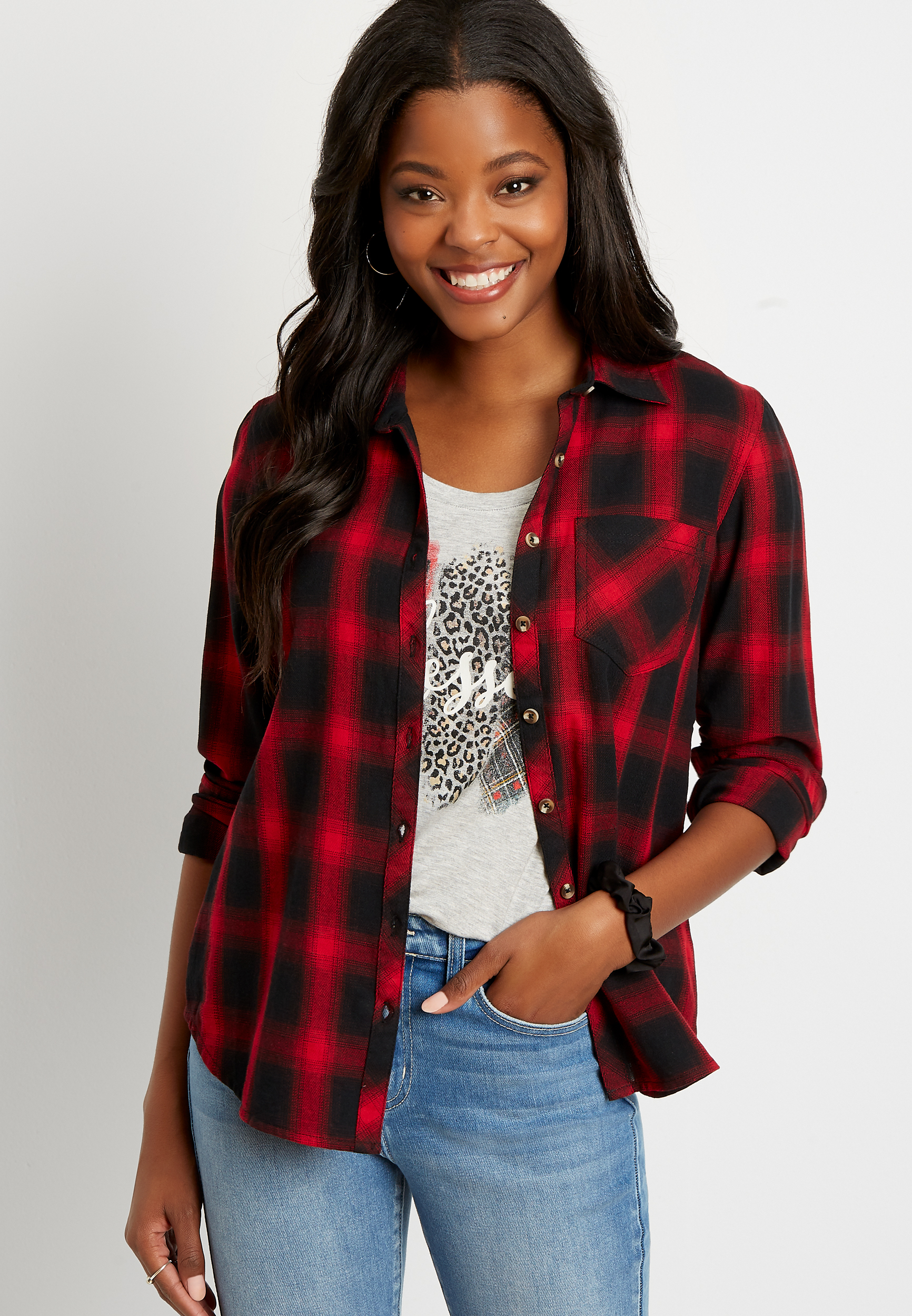 Red Plaid Button Down Long Sleeve Flannel Shirt