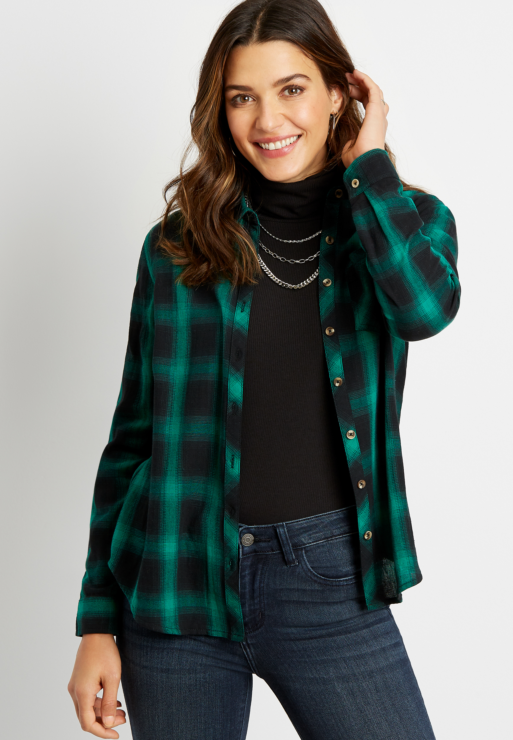 Long Sleeve Button Down Plaid Shirt Green - Southern Fashion Boutique Bliss