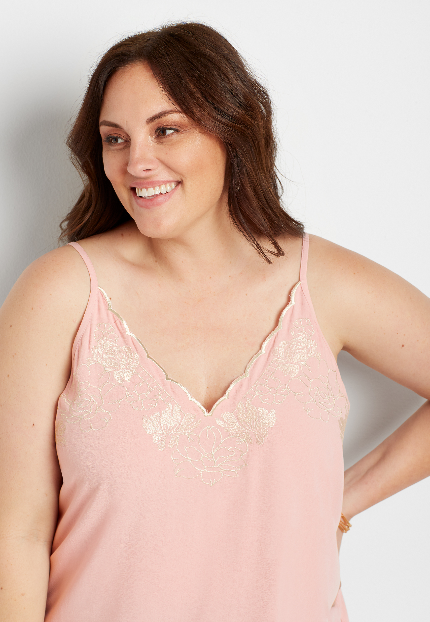 Light Pink Embroidered Scalloped Tank Top