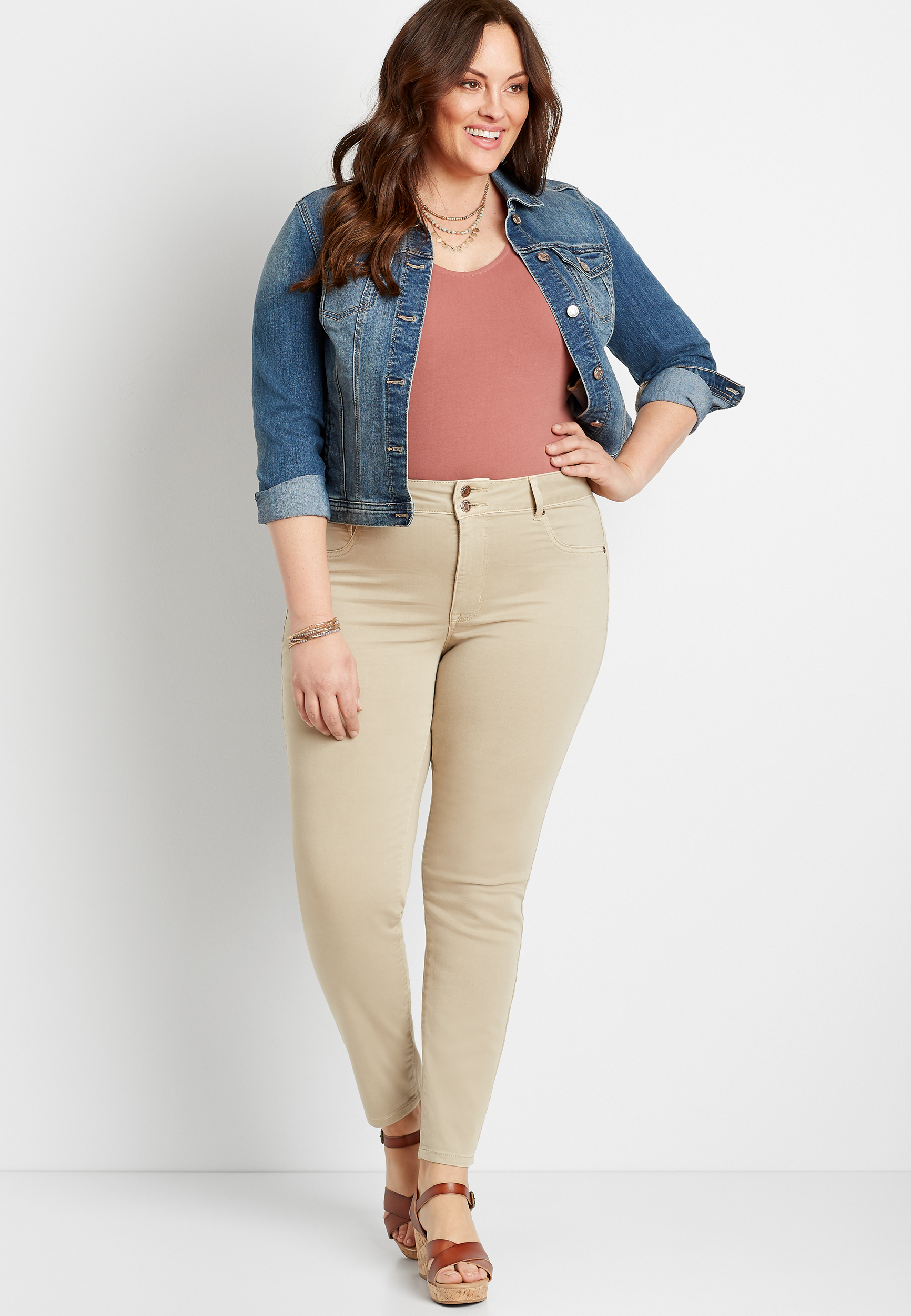 Plus Size High Rise Khaki Double Button Jegging Made With REPREVE®