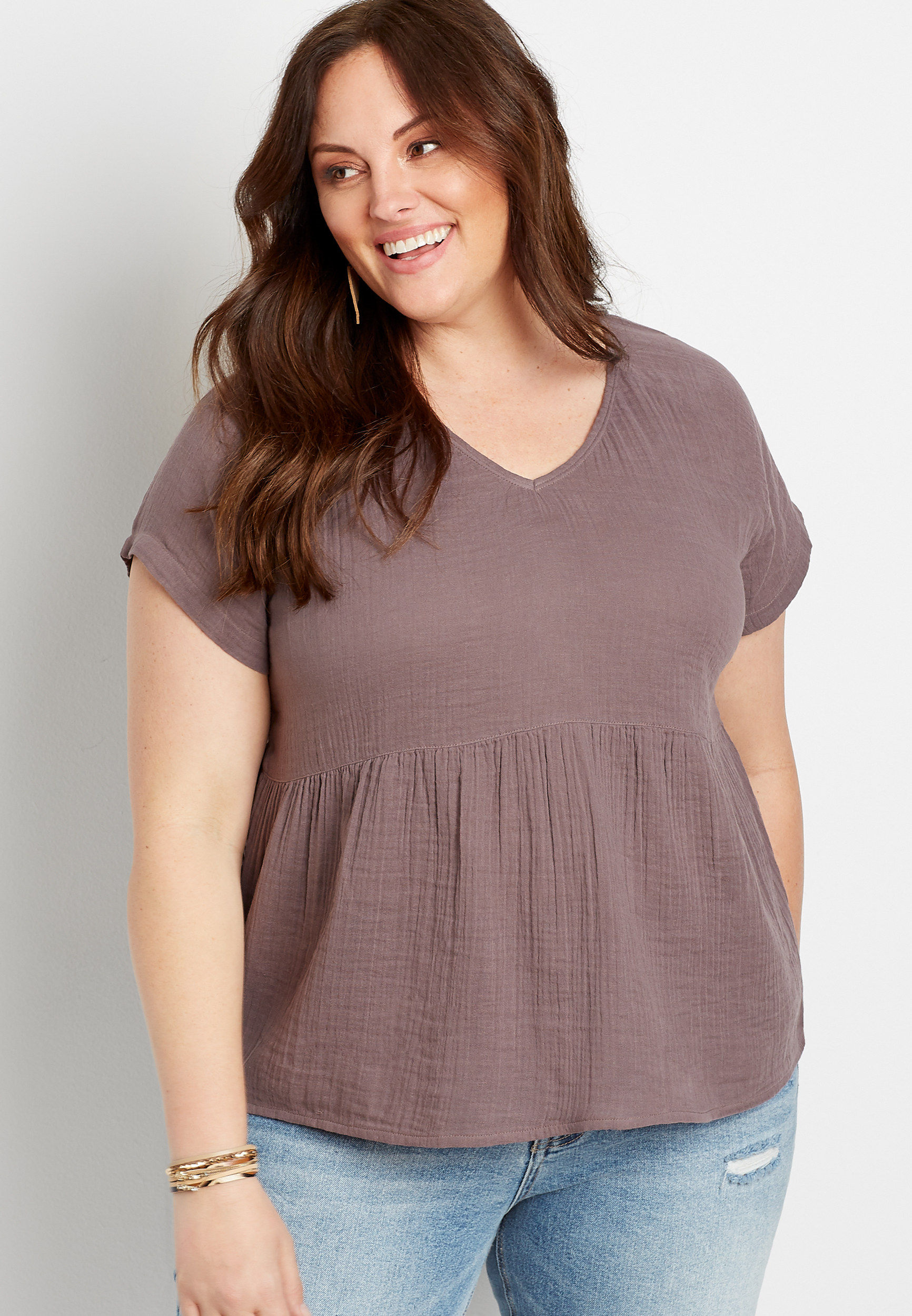 Plus Size Button Back Babydoll Top