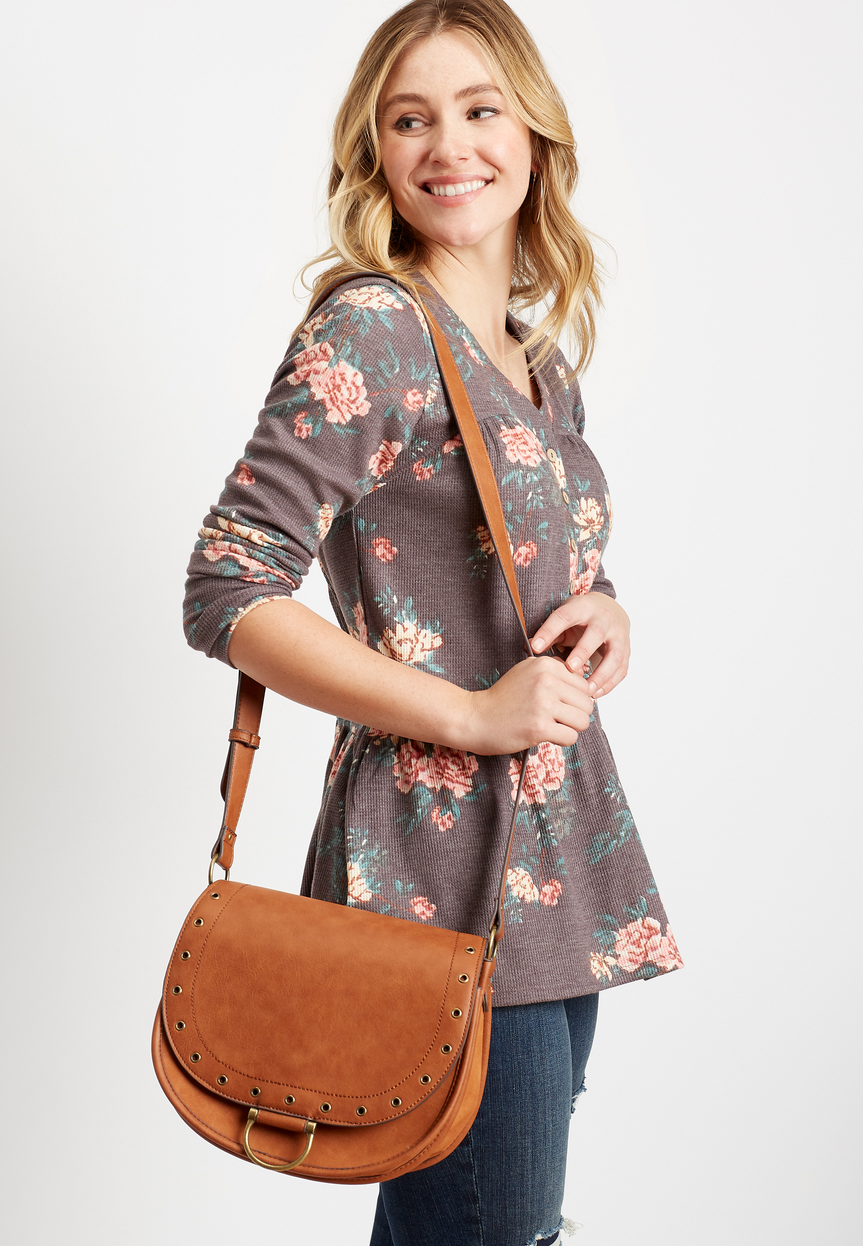 Cognac Grommet Crossbody Saddle Bag