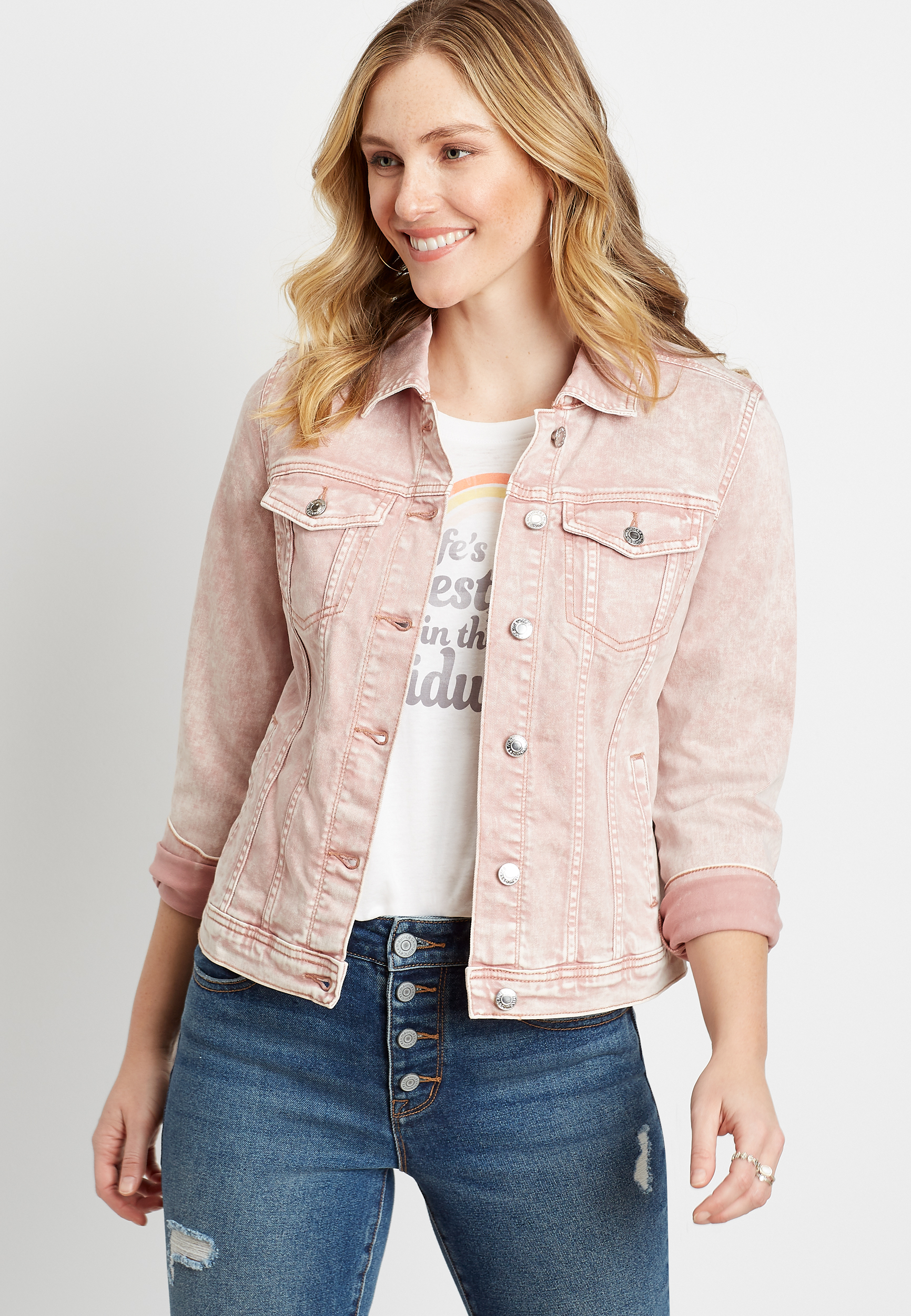 Pink Acid Wash Denim Jacket maurices