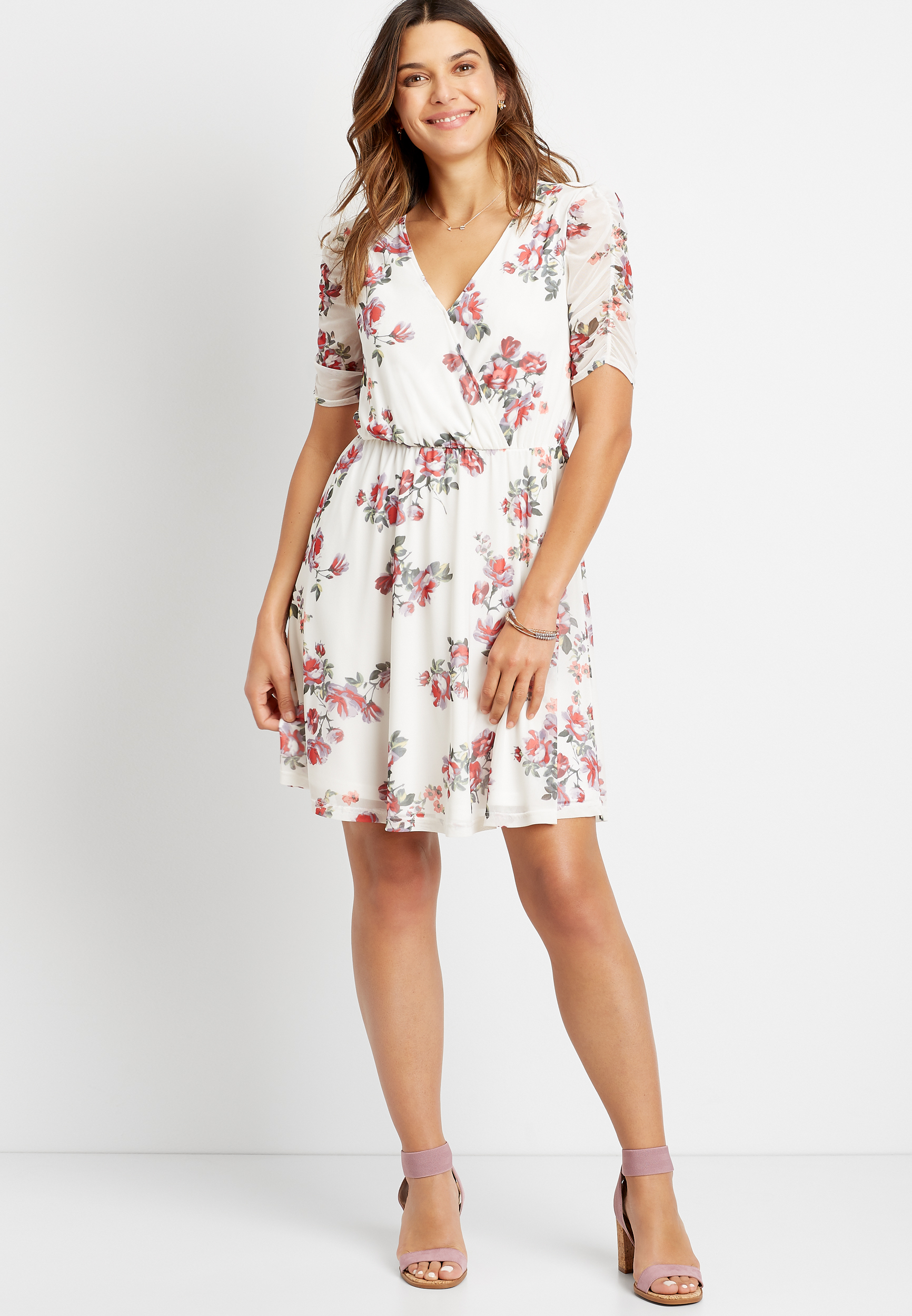 White Floral Ruched Sleeve Mini Dress ...