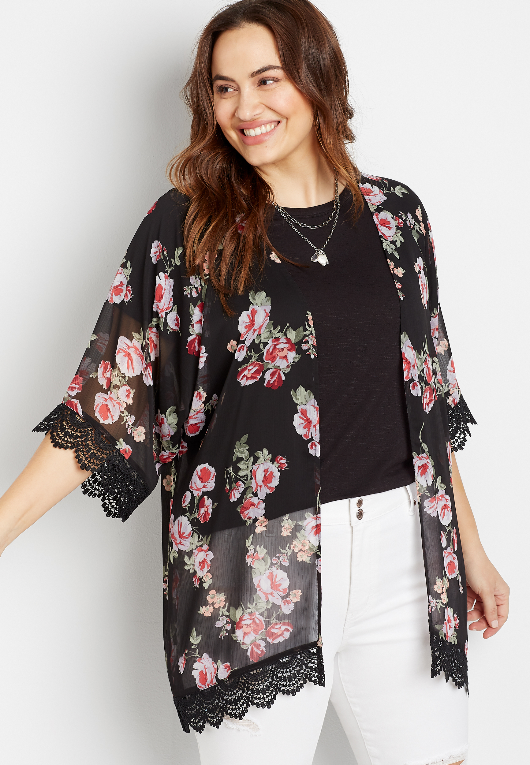 Black Floral Crochet Trim Kimono | maurices