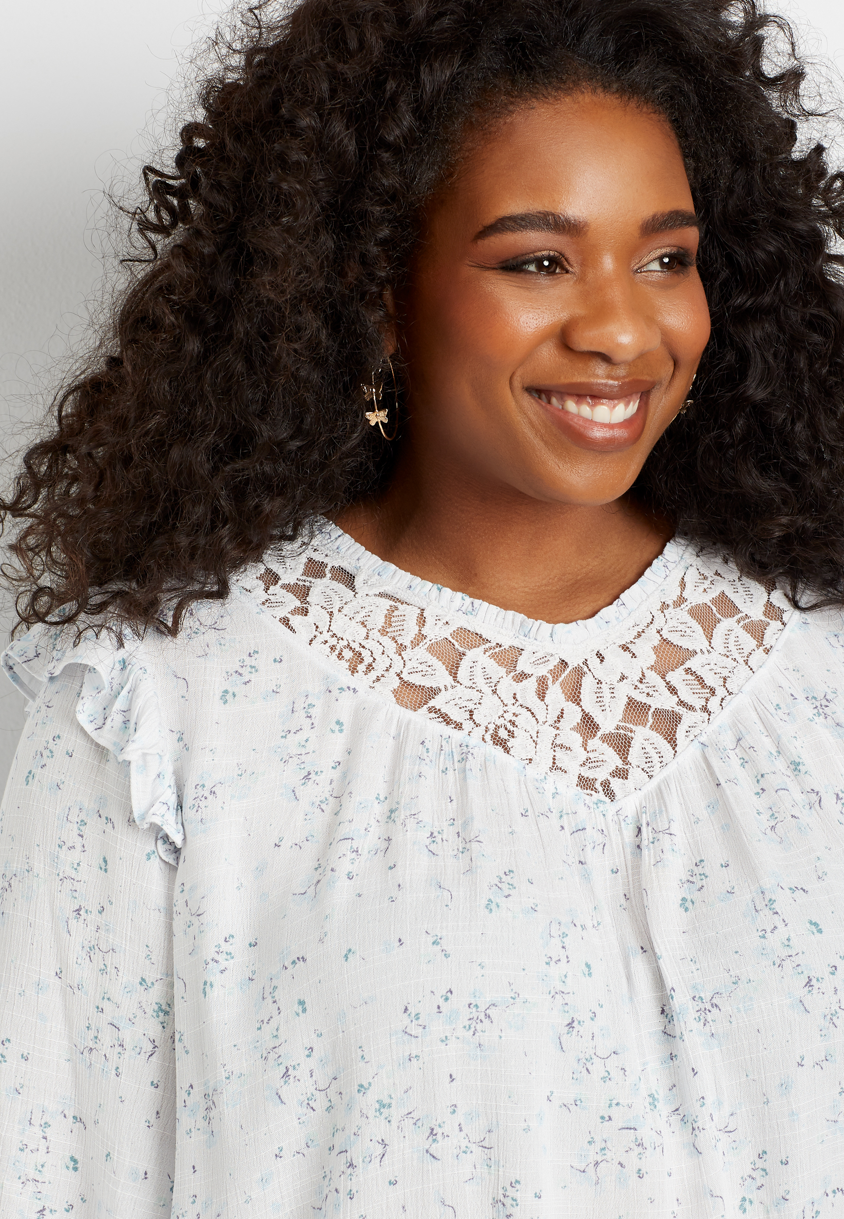 Plus Size Blue Floral Lace 3/4 Sleeve Swing Top | maurices