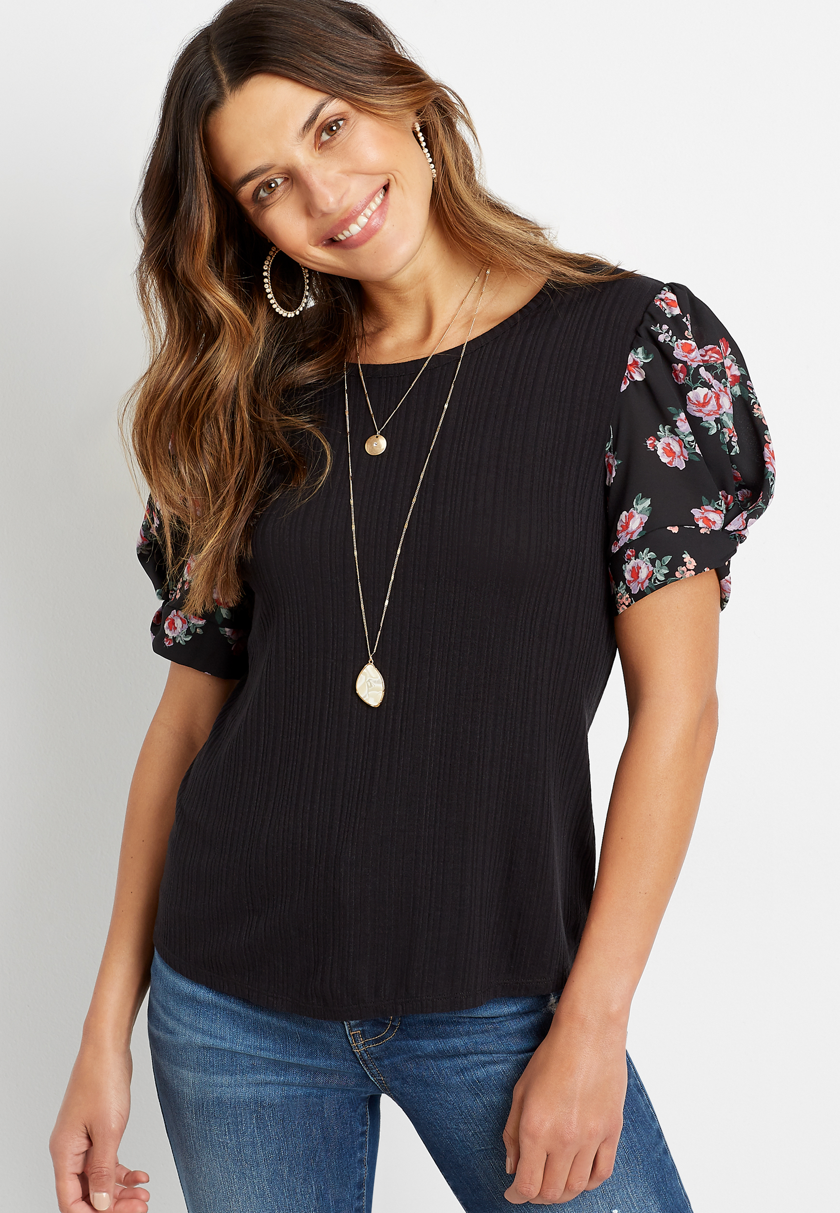 Black Floral Puff Sleeve Blouse | maurices