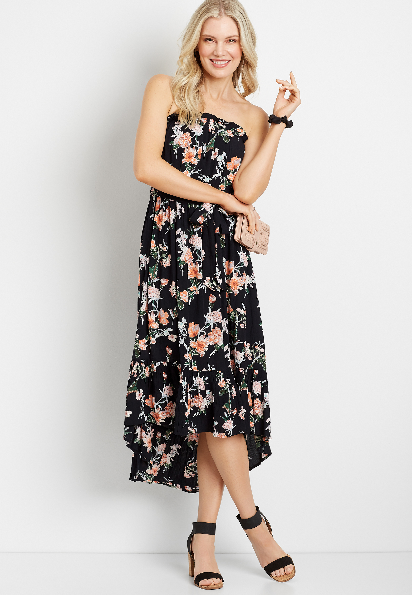 High low black floral dress sale