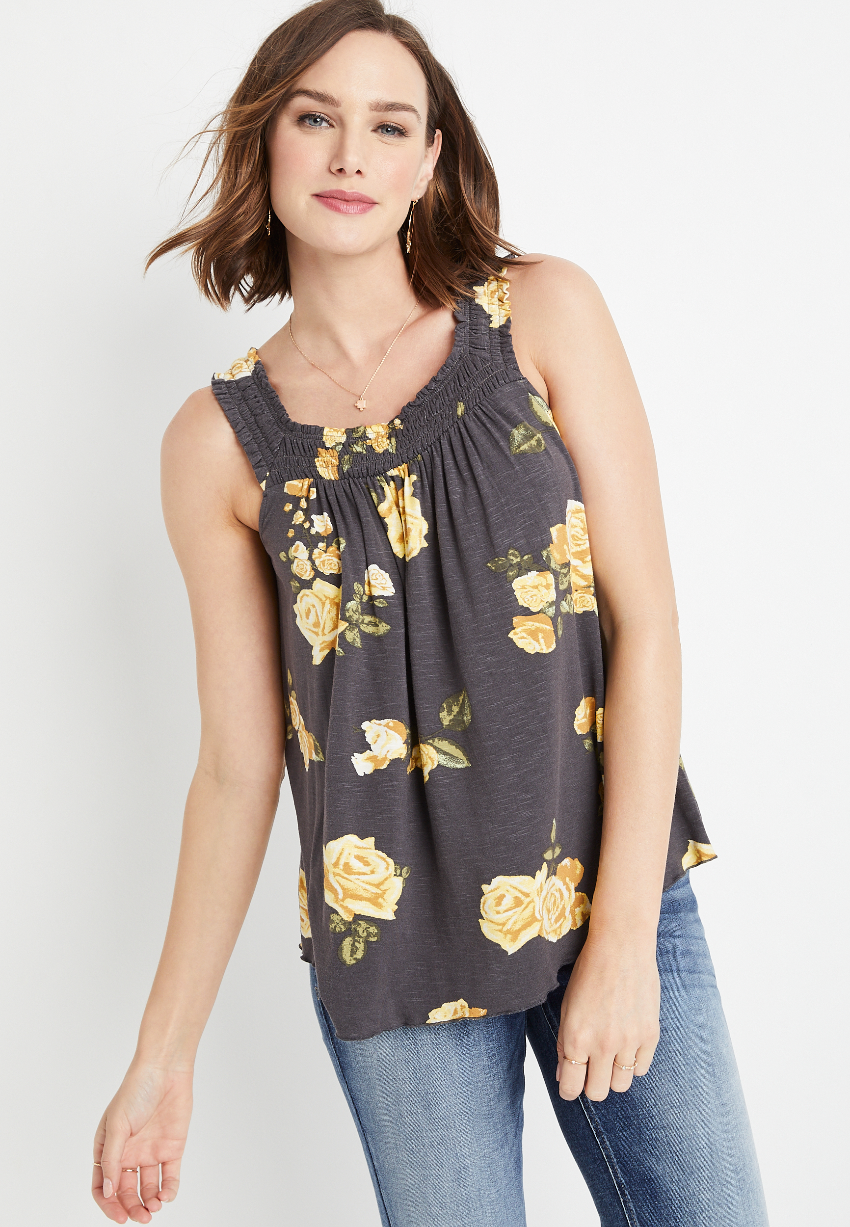 Gray Floral Square Smocked Neck Tank Top