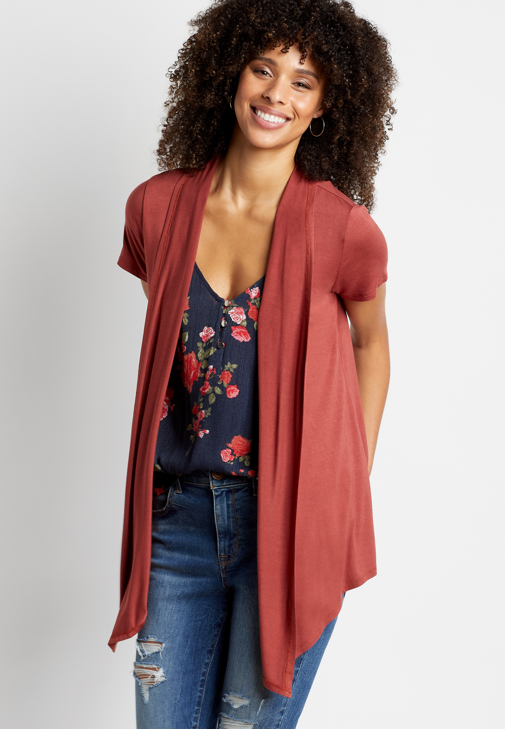 Rust Short Sleeve Open Front Cardigan | maurices