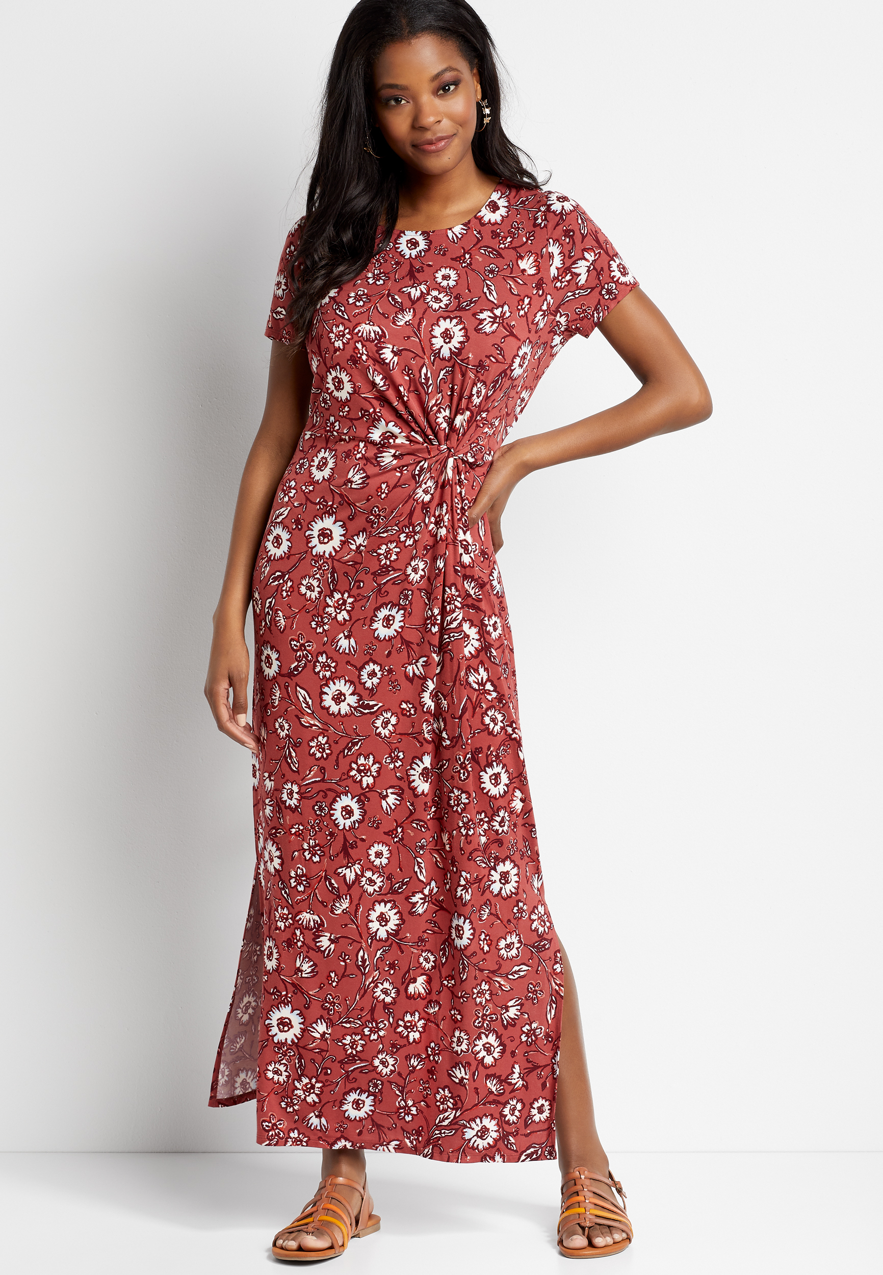 24/7 Pink Floral Knot Front Maxi Dress