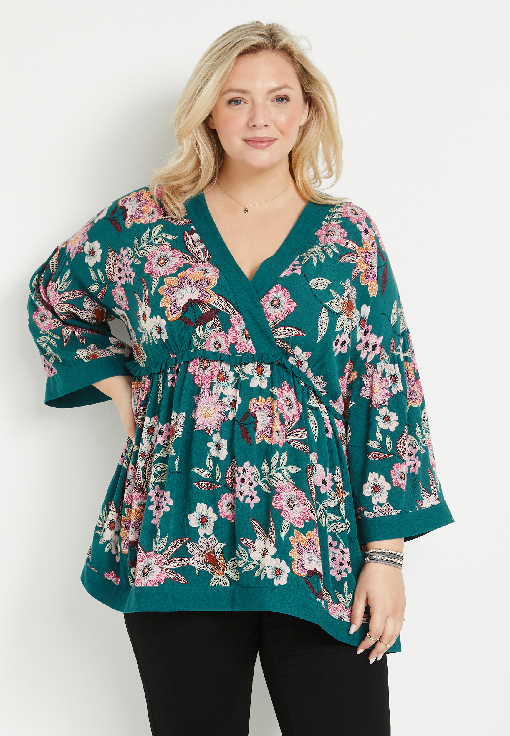 GOSOPIN Women Floral Print V Neck 3/4 Bell Sleeves Blouses Shirt Tunic Tops