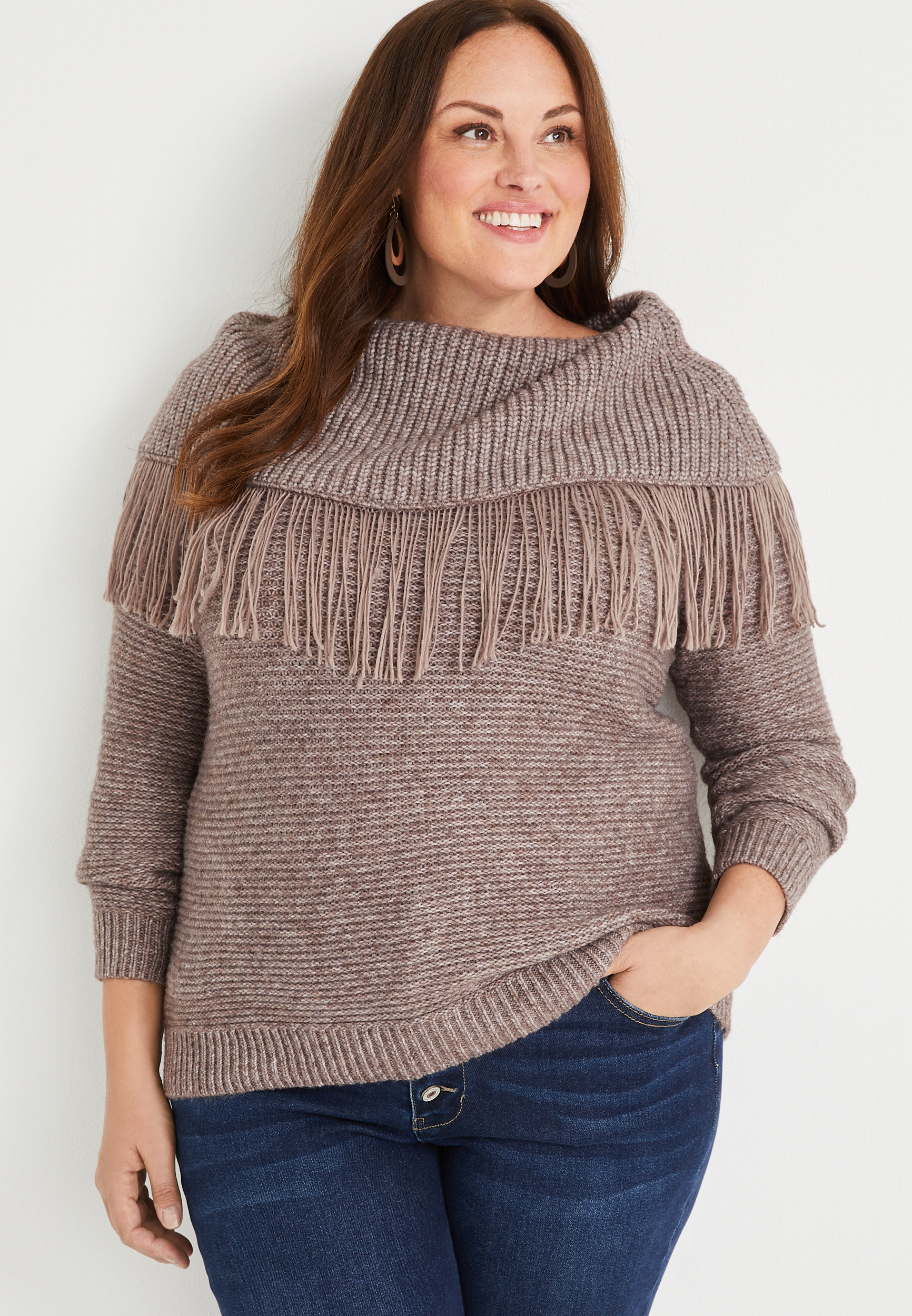 Women's Solid Cowl Neck Fringe Sweater