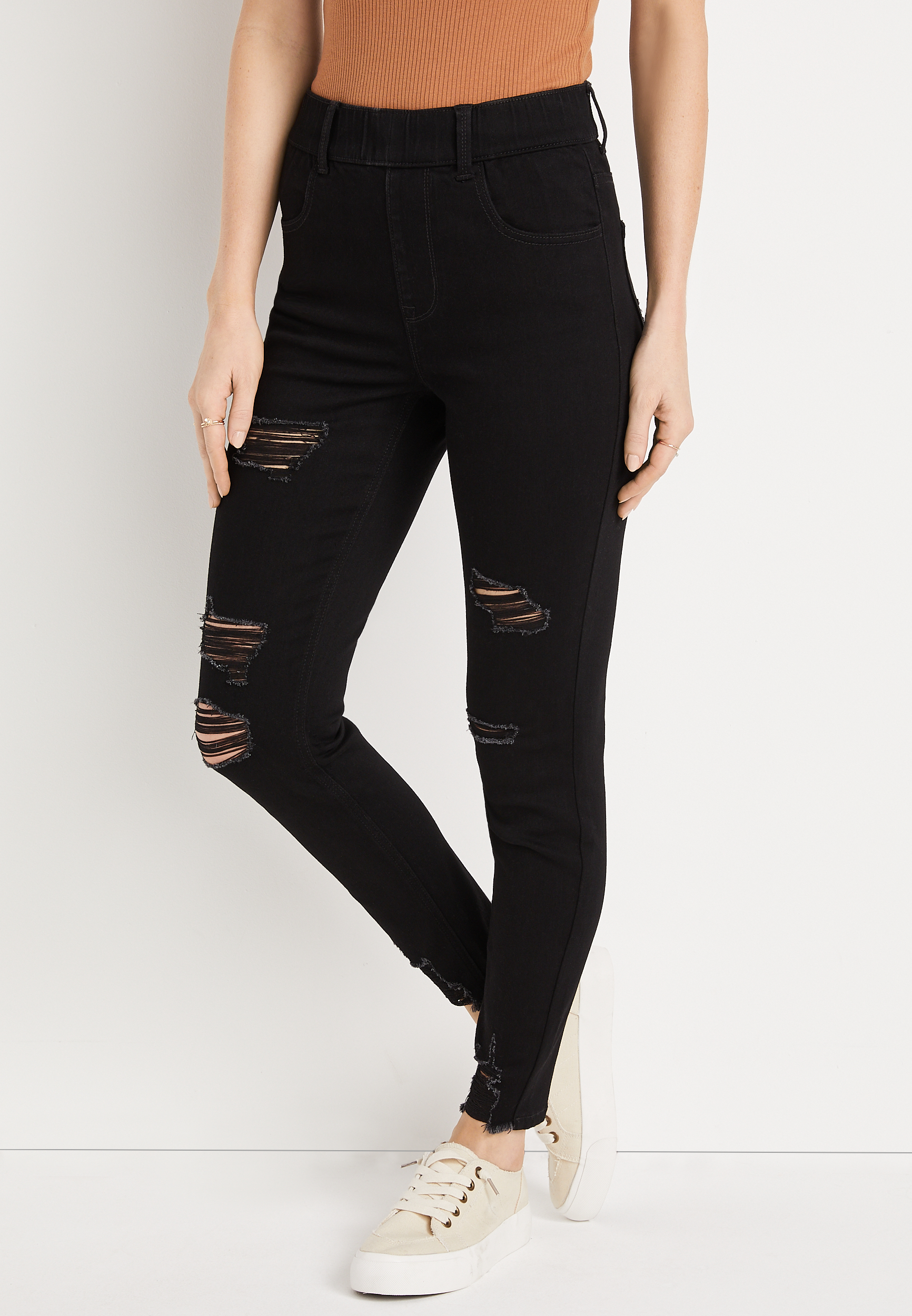 High Rise Jeggings - Destructed Black