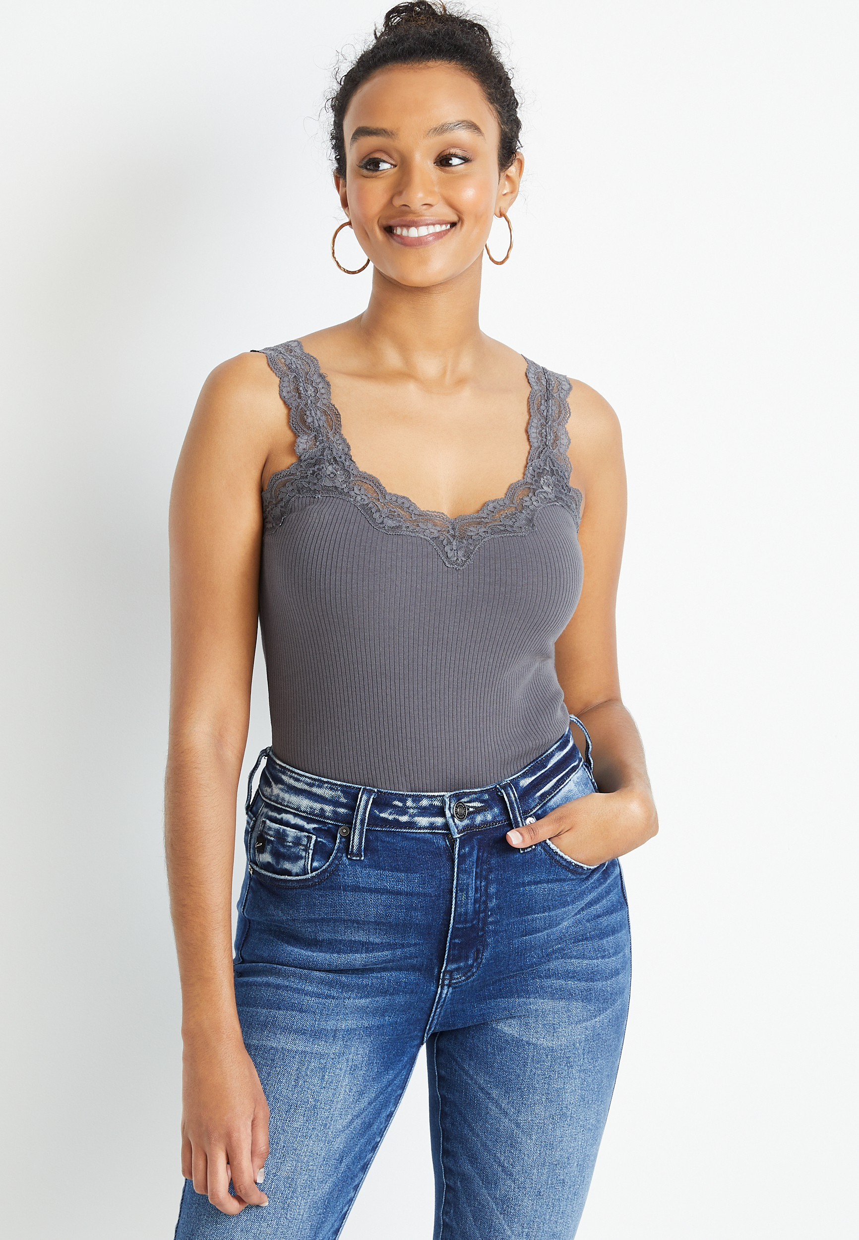 tarwe grens affix Gray Lace Trim Ribbed Tank Top | maurices