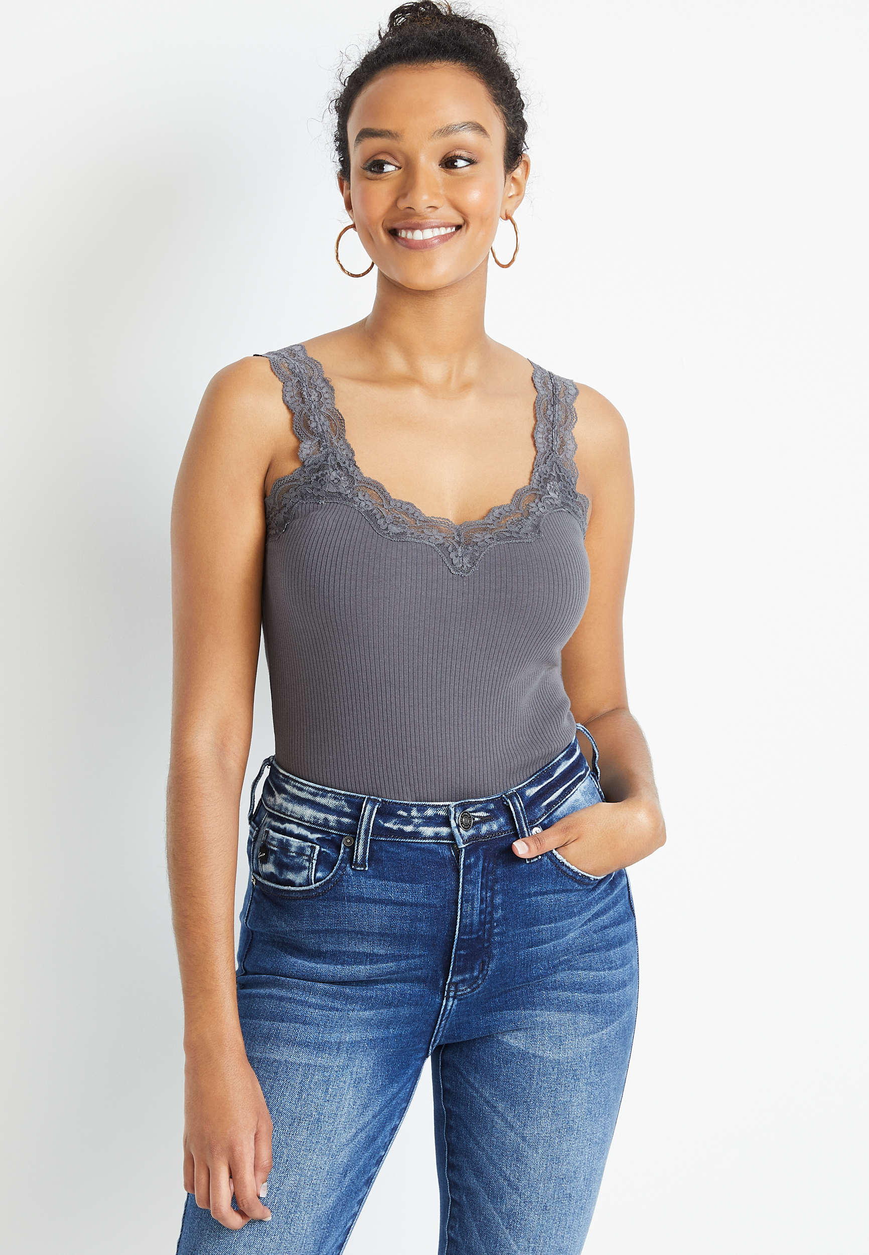 Gray Lace Trim Ribbed Tank Top