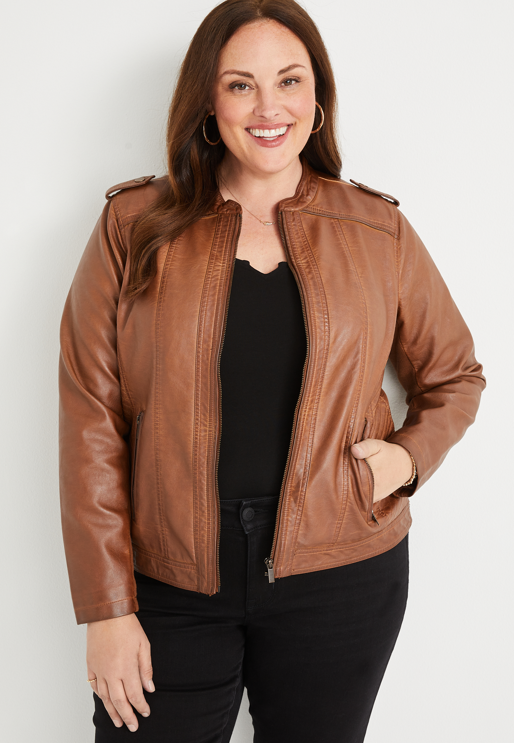 Plus Brown Faux Leather Zip Up Jacket | maurices