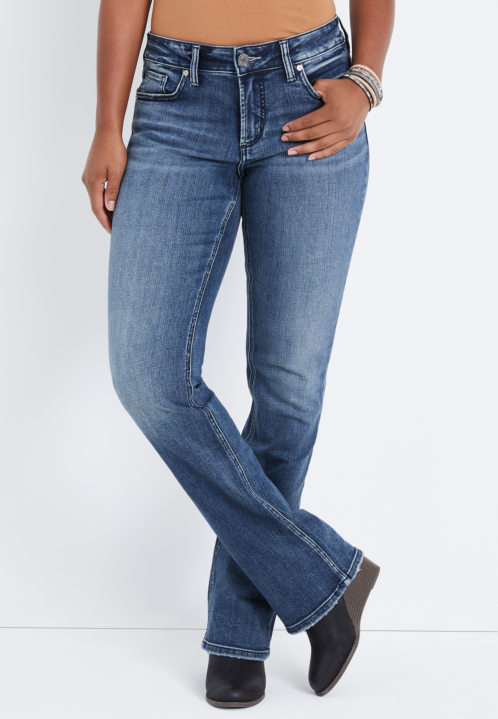 Silver Jeans Co. Women's Size Elyse Mid Rise Slim Bootcut Jeans, Med Wash  Ecf291, 12 Plus Short at  Women's Jeans store