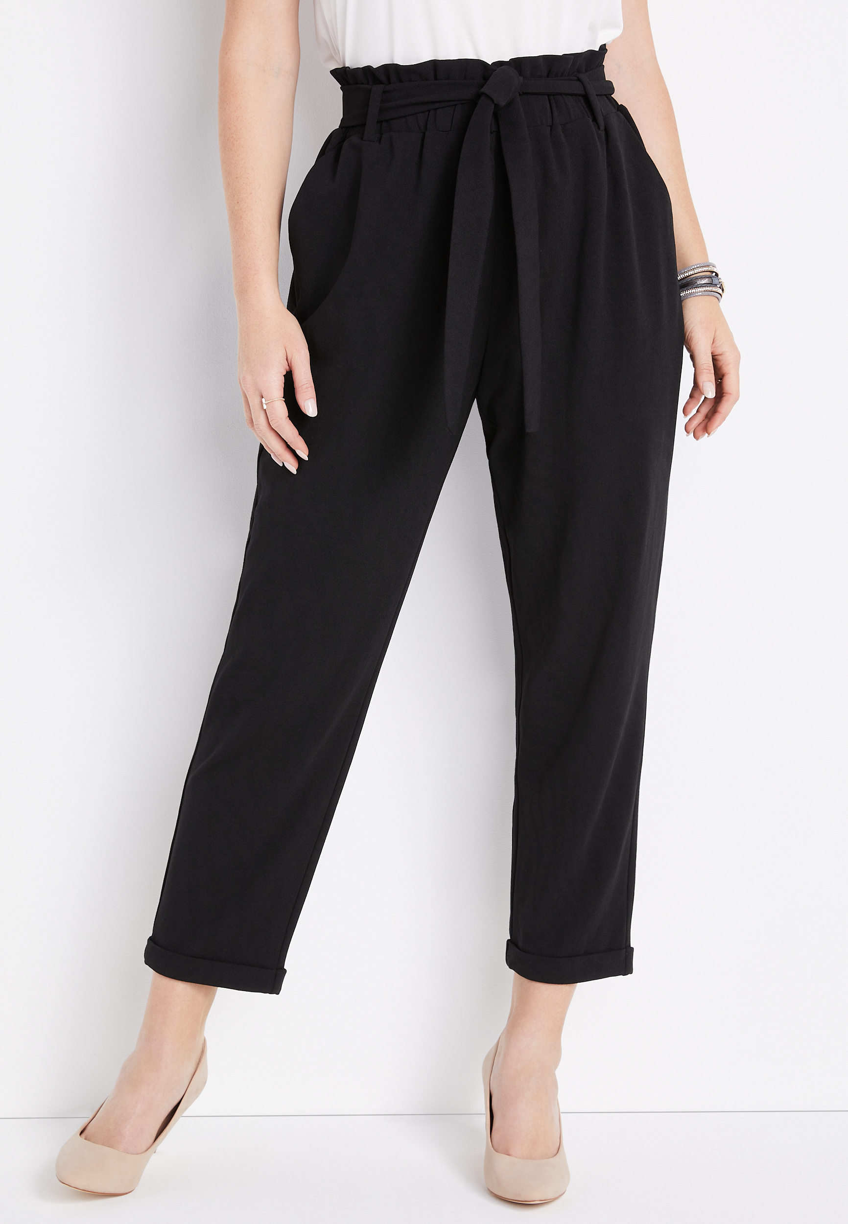 Paper Bag High Rise Tie Waist Crepe Pant