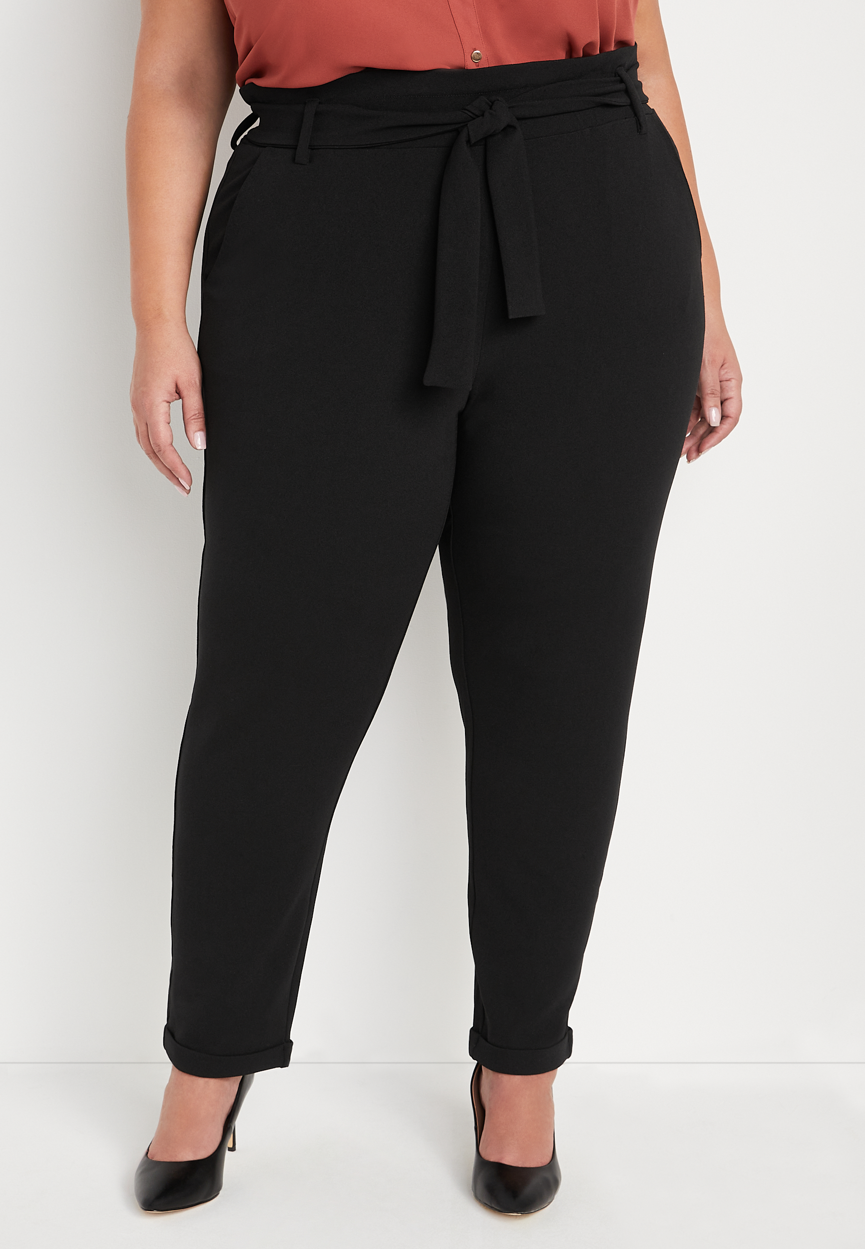 KIMCURVY Business Casual Plus Size Black Belted Paper Bag Pants