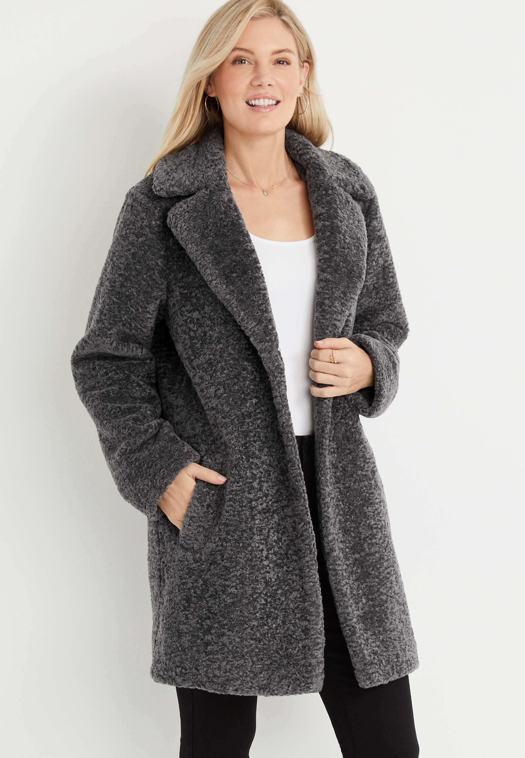 Gray Long Textured Sherpa Jacket