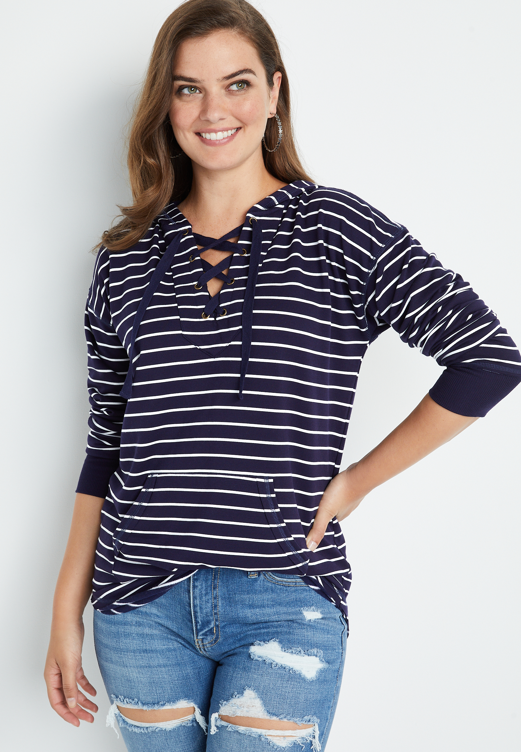 Navy Striped Lace Up Hoodie | Maurices