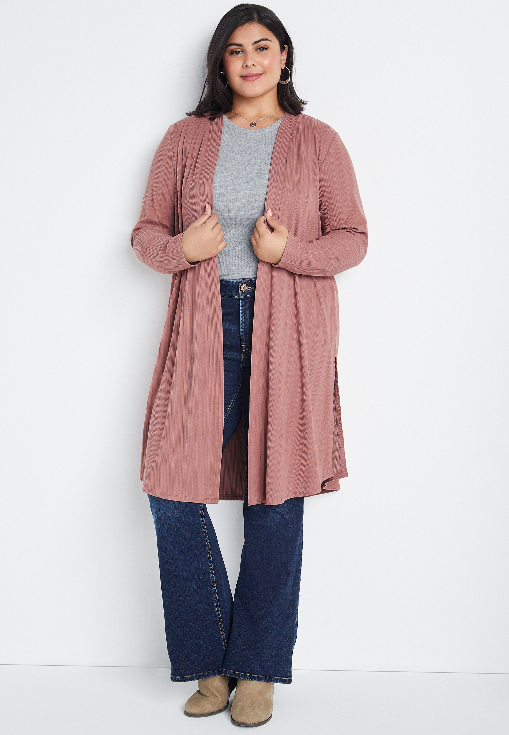 Plus Size Pink Ribbed Duster Cardigan