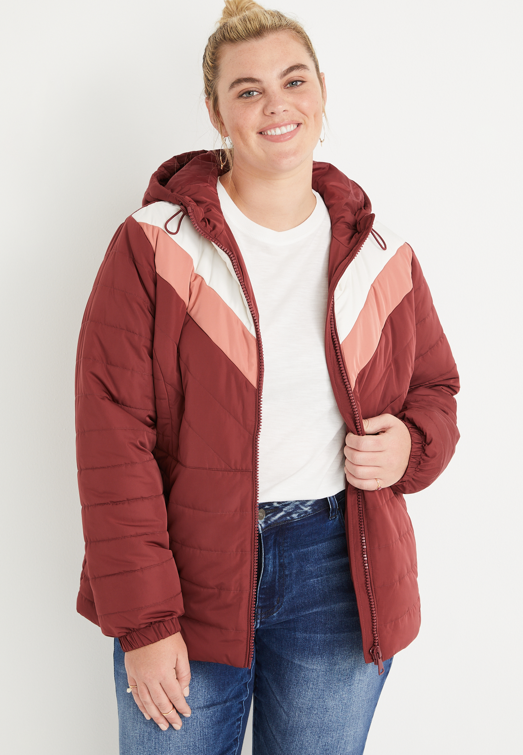 Plus Size Red Chevron Hooded Puffer Jacket Maurices 9699