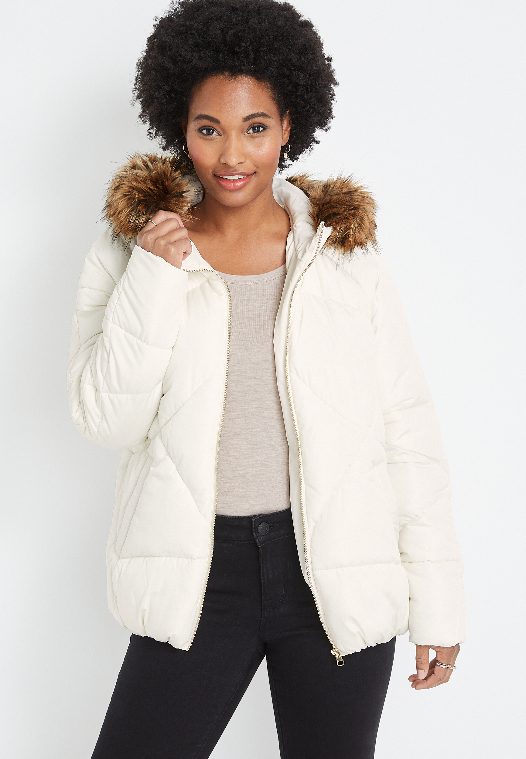 White hooded shop puffer coat