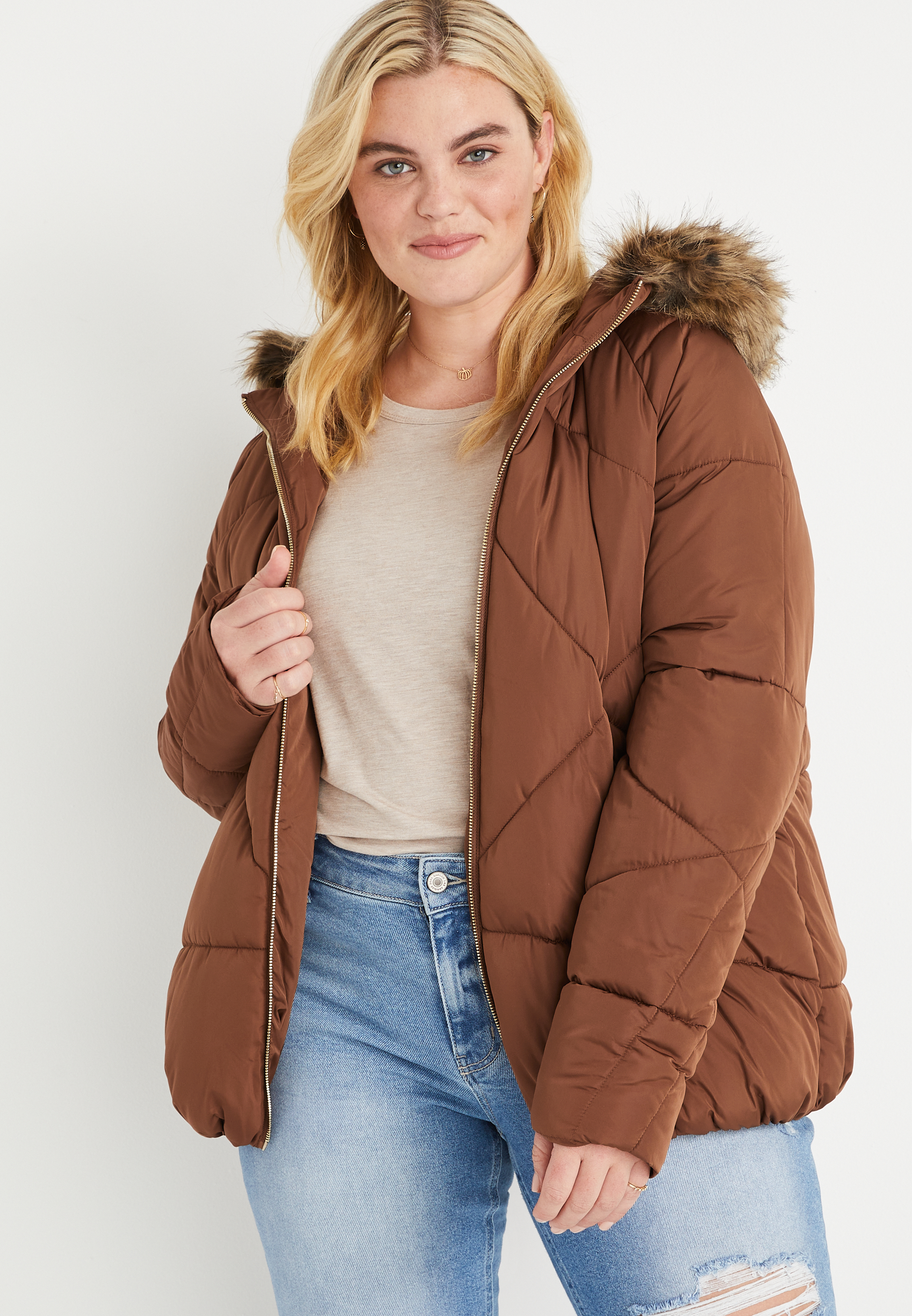 Empirisk snigmord Betaling Plus Size Brown Faux Fur Hooded Puffer Jacket | maurices