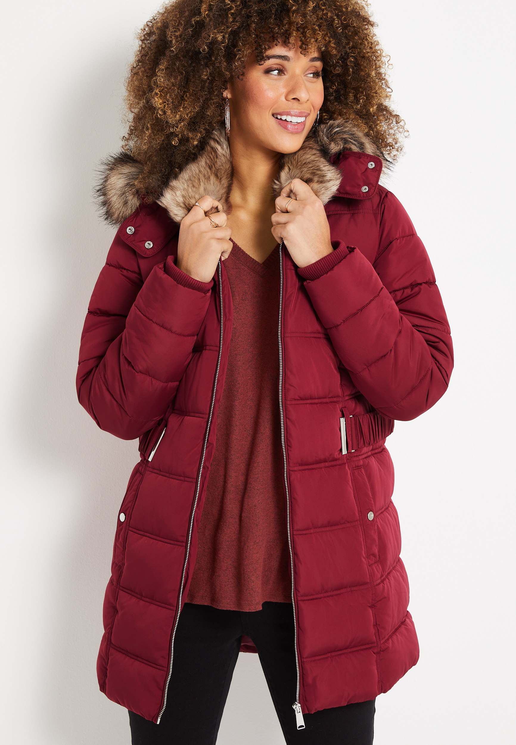 Womens long best sale red puffer coat