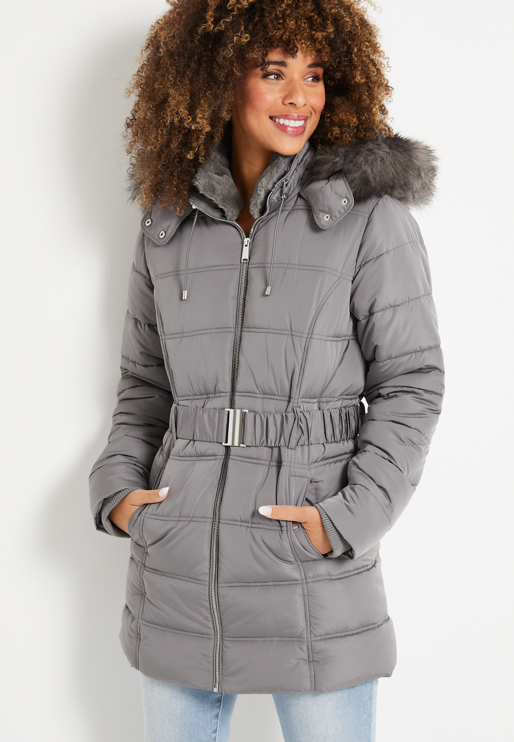 Long puffer best sale coat grey