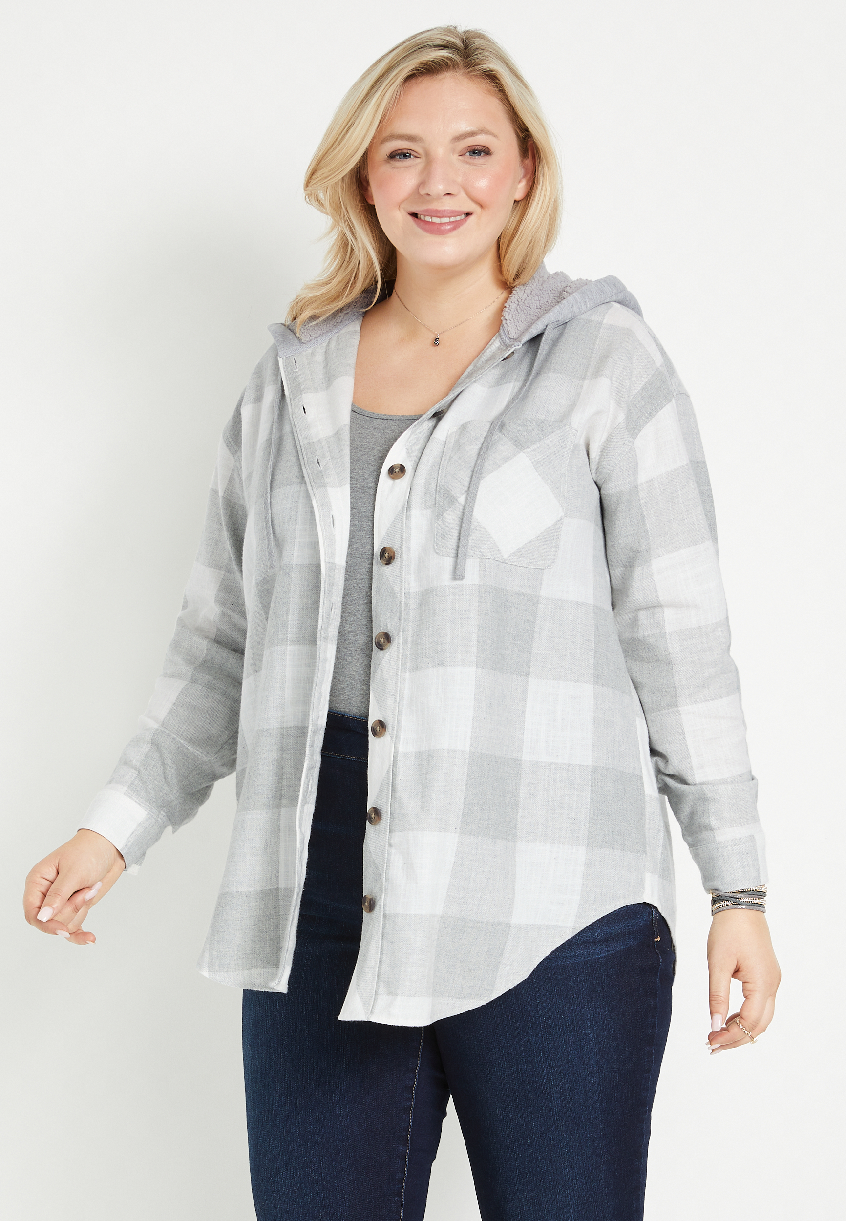 Plus Size Cabin Buffalo Plaid Gray Boyfriend Hooded Flannel