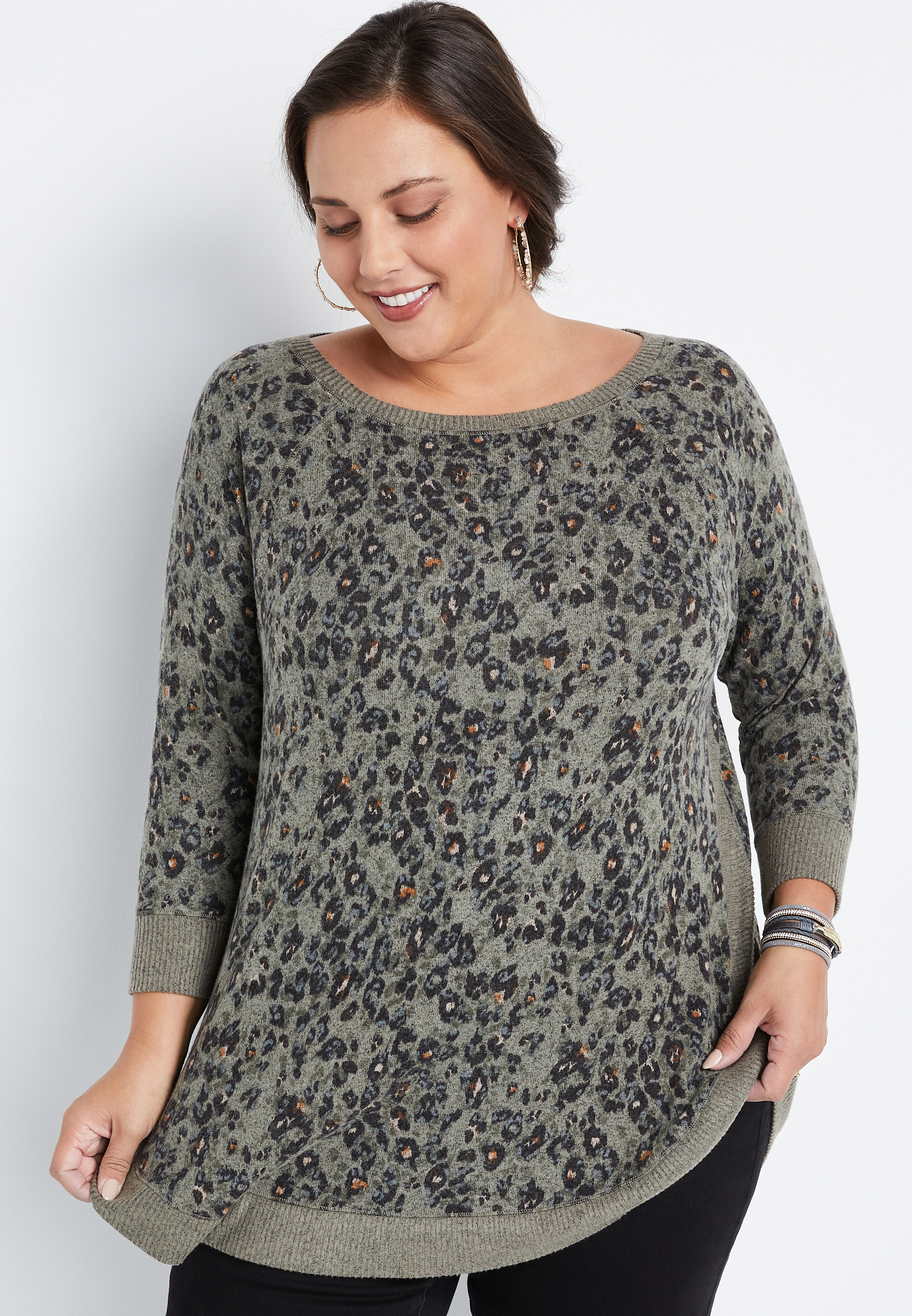 Evans Womens Grey Animal Print Lounge Top Long Sleeve Shirt Blouse Regular Fit
