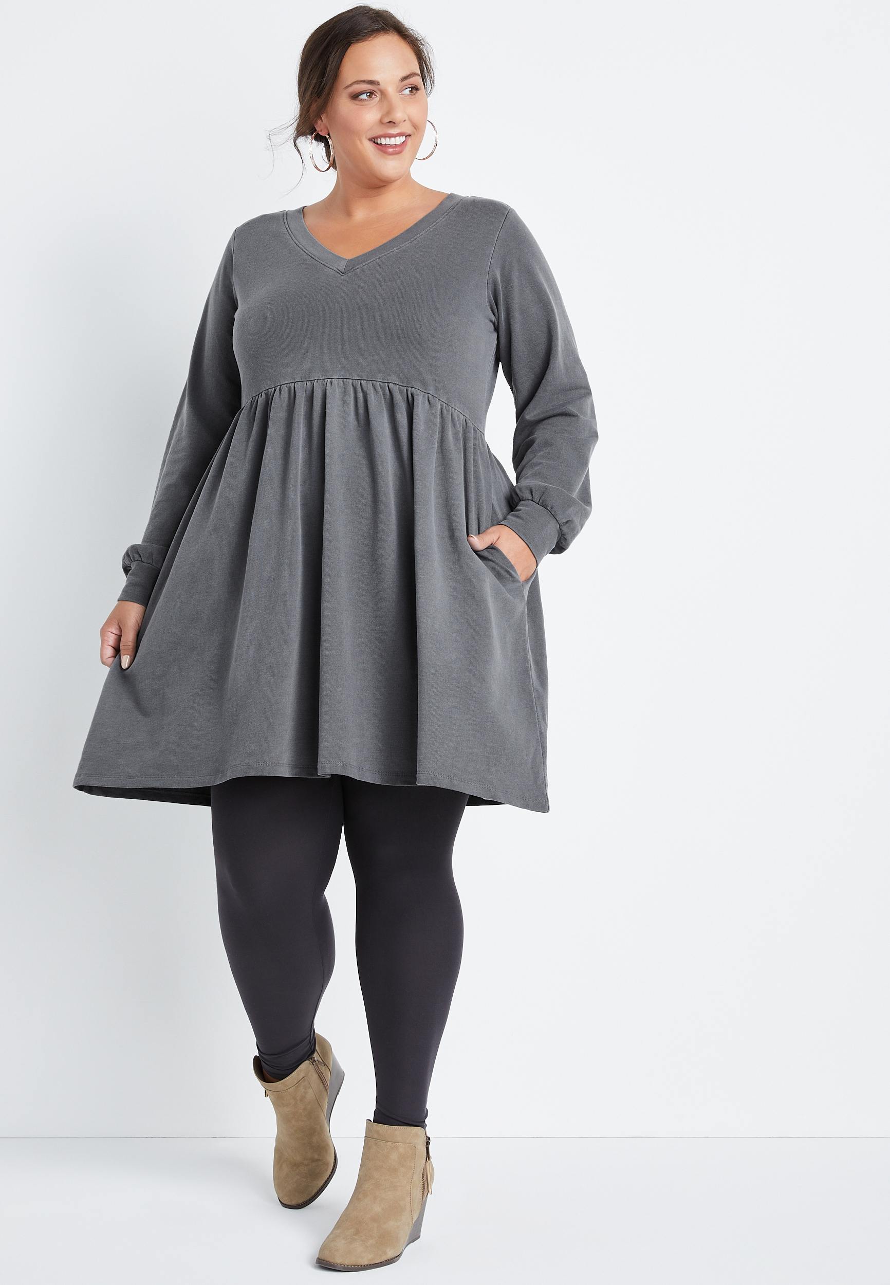 Plus Size Gray Long Sleeve Sweatshirt Dress