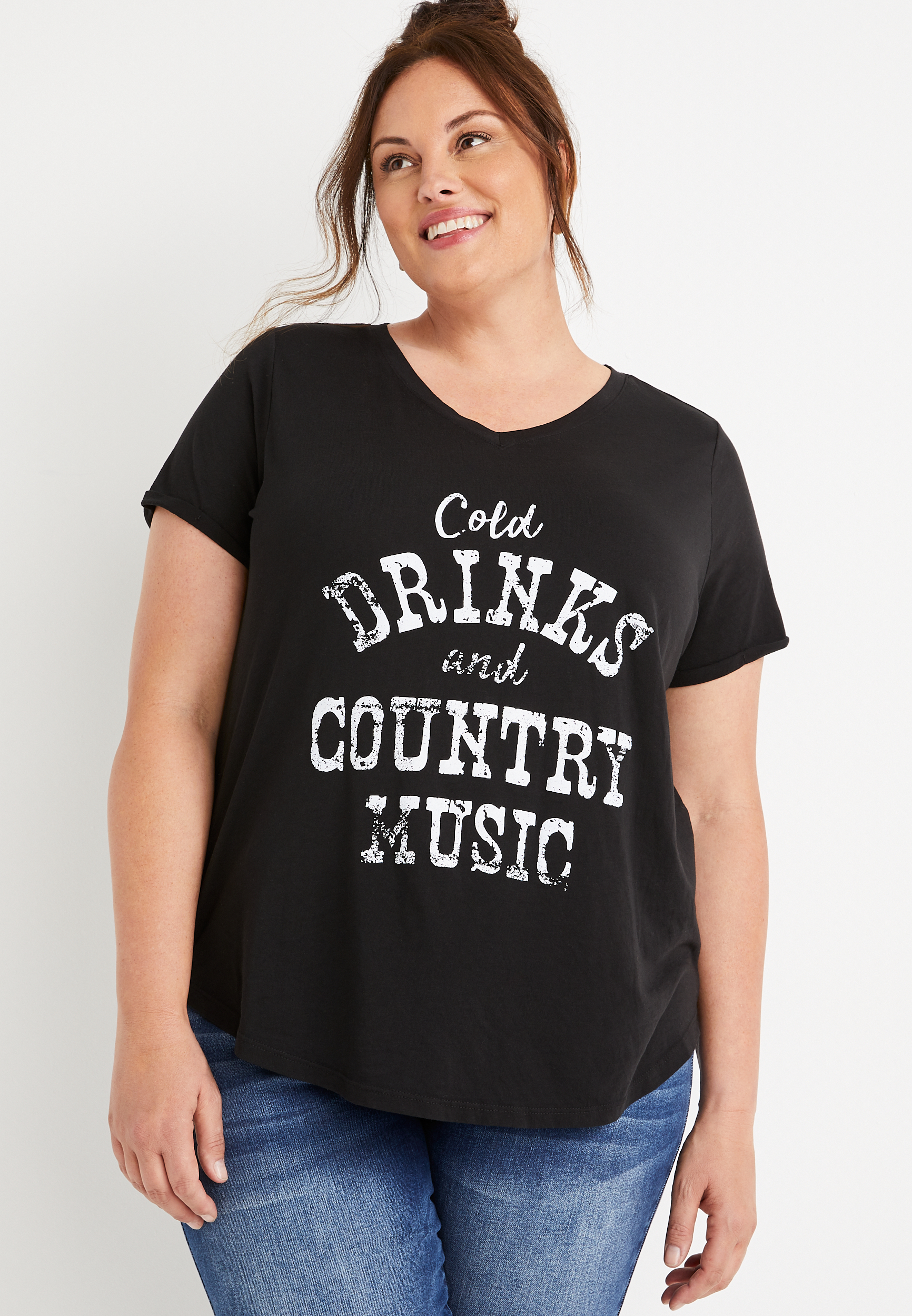 Plus Size Black Cold Drinks and Country Music Graphic Tee