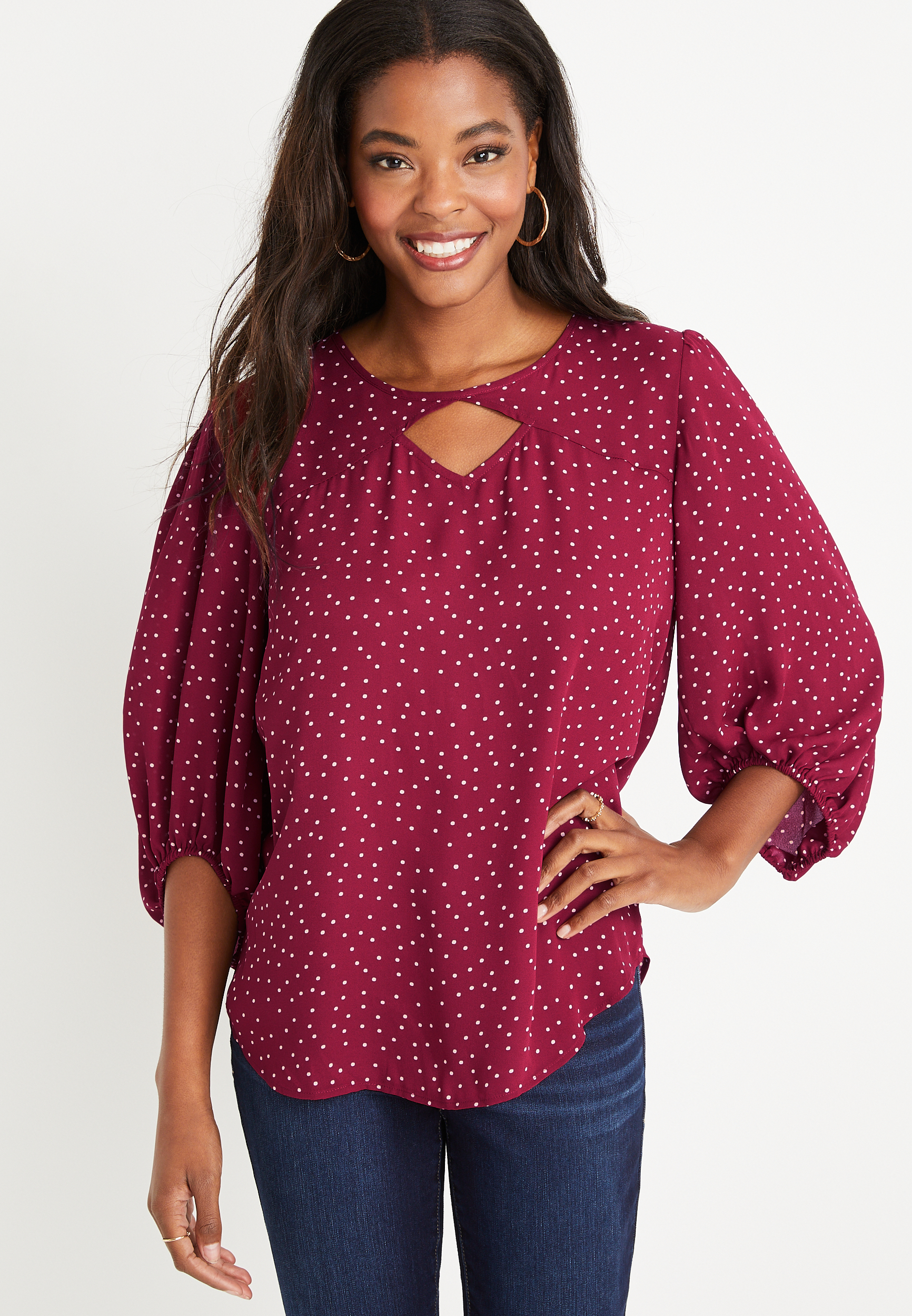 Maurices Women's Atwood Pleated Polka Dot Blouse