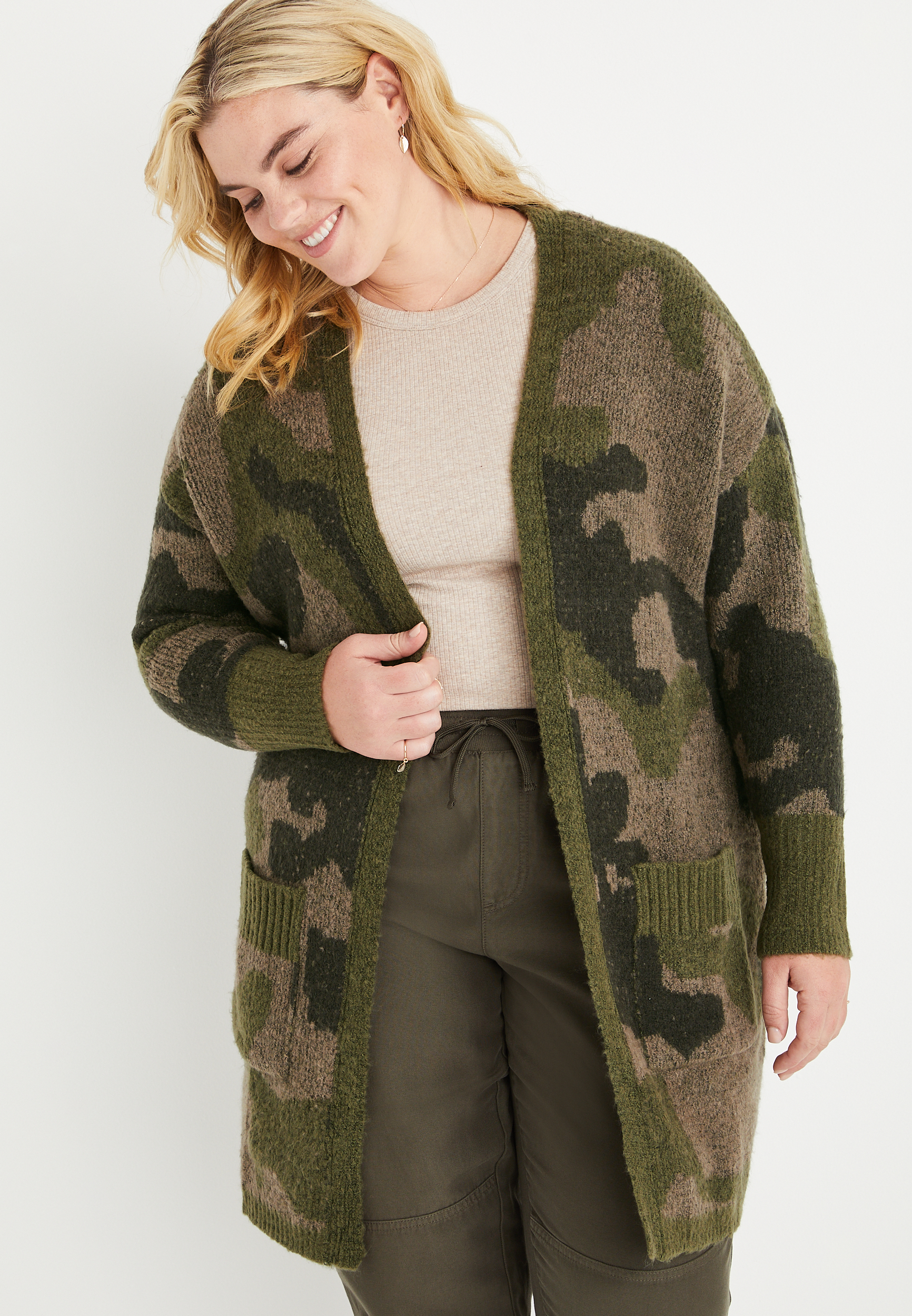 Plus Size Camo Pocket Duster Cardigan