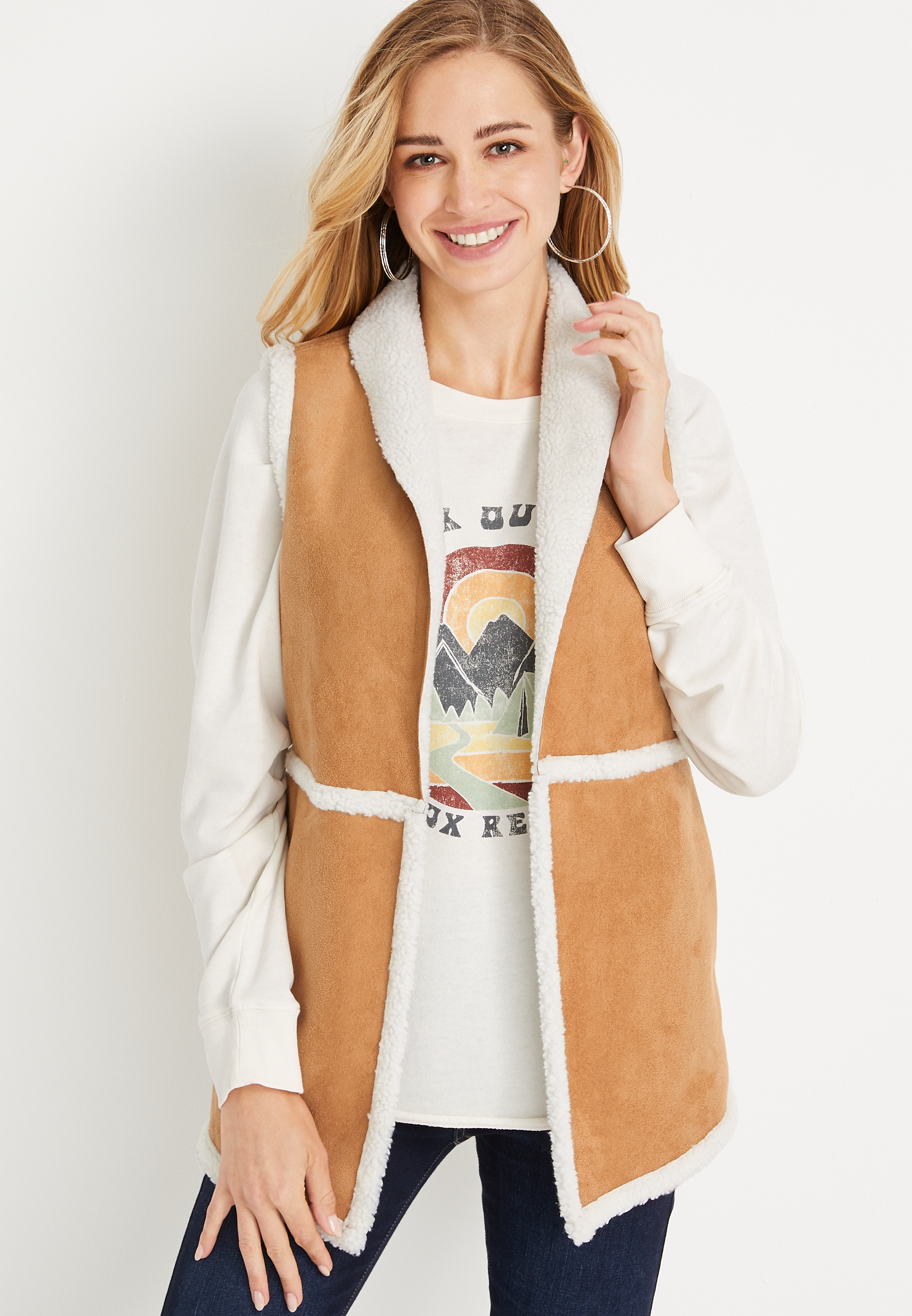 Brown Faux Suede Sherpa Trim Vest | maurices