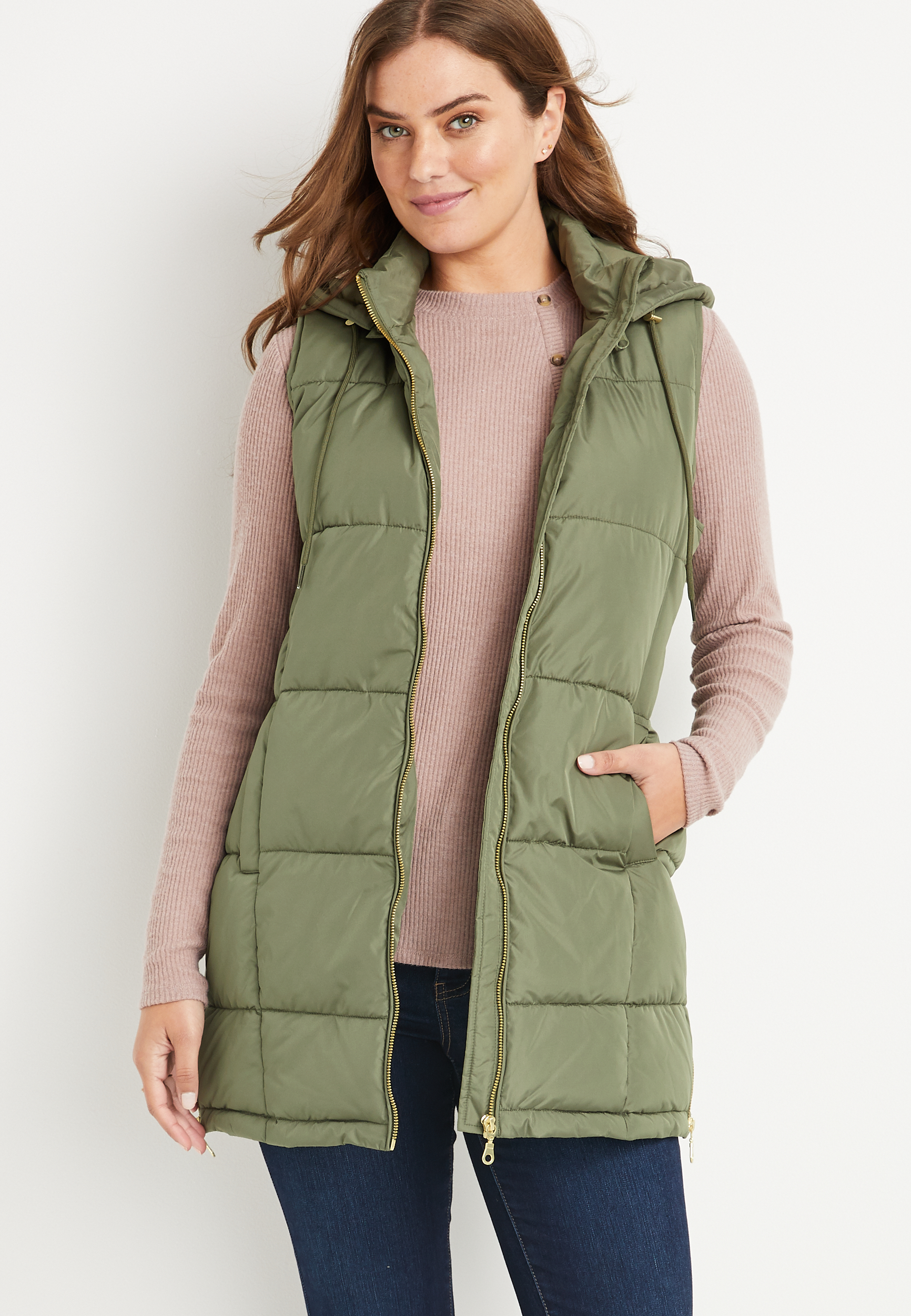 Plus Size Green Long Hooded Puffer Vest