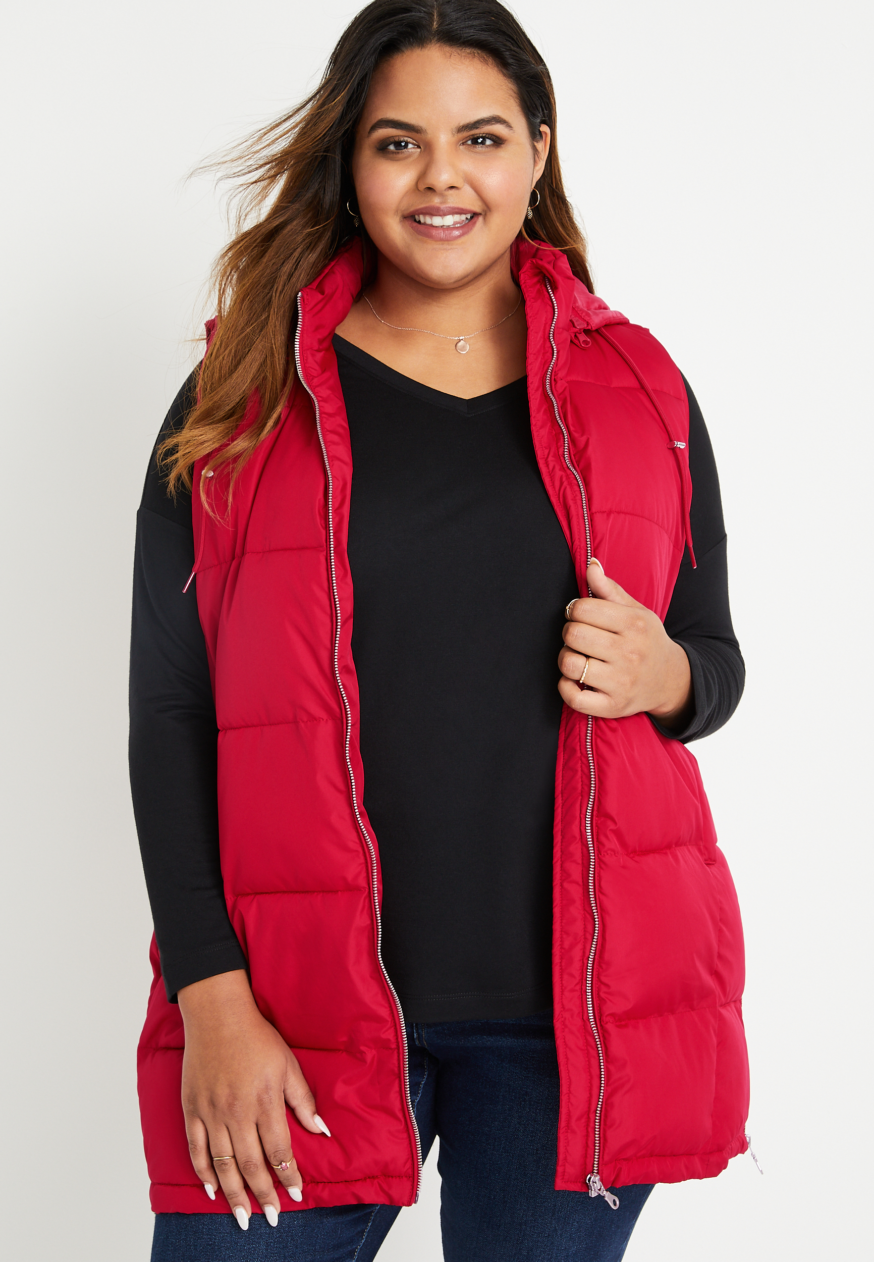 plus size long hooded puffer vest