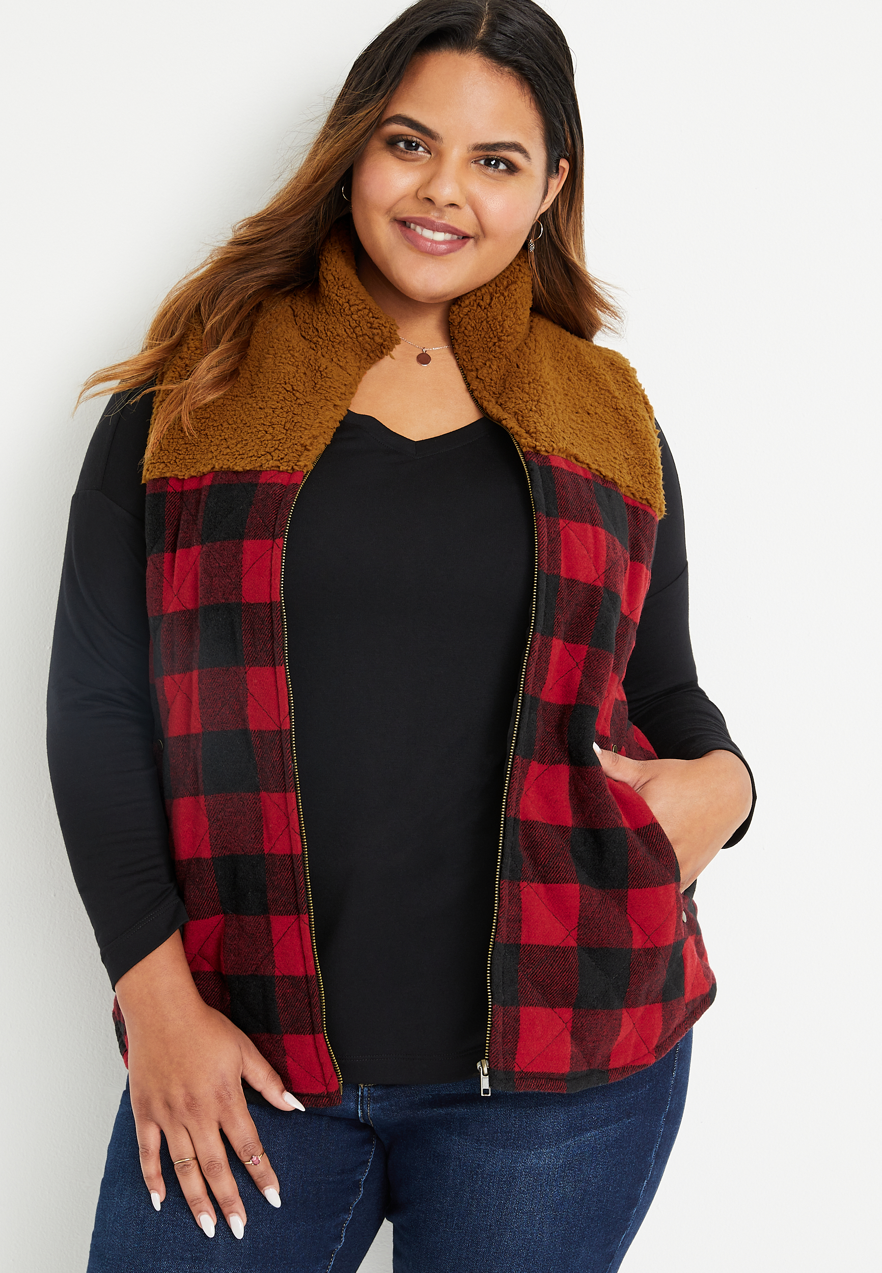 Plus Size Buffalo Plaid Sherpa Block Vest