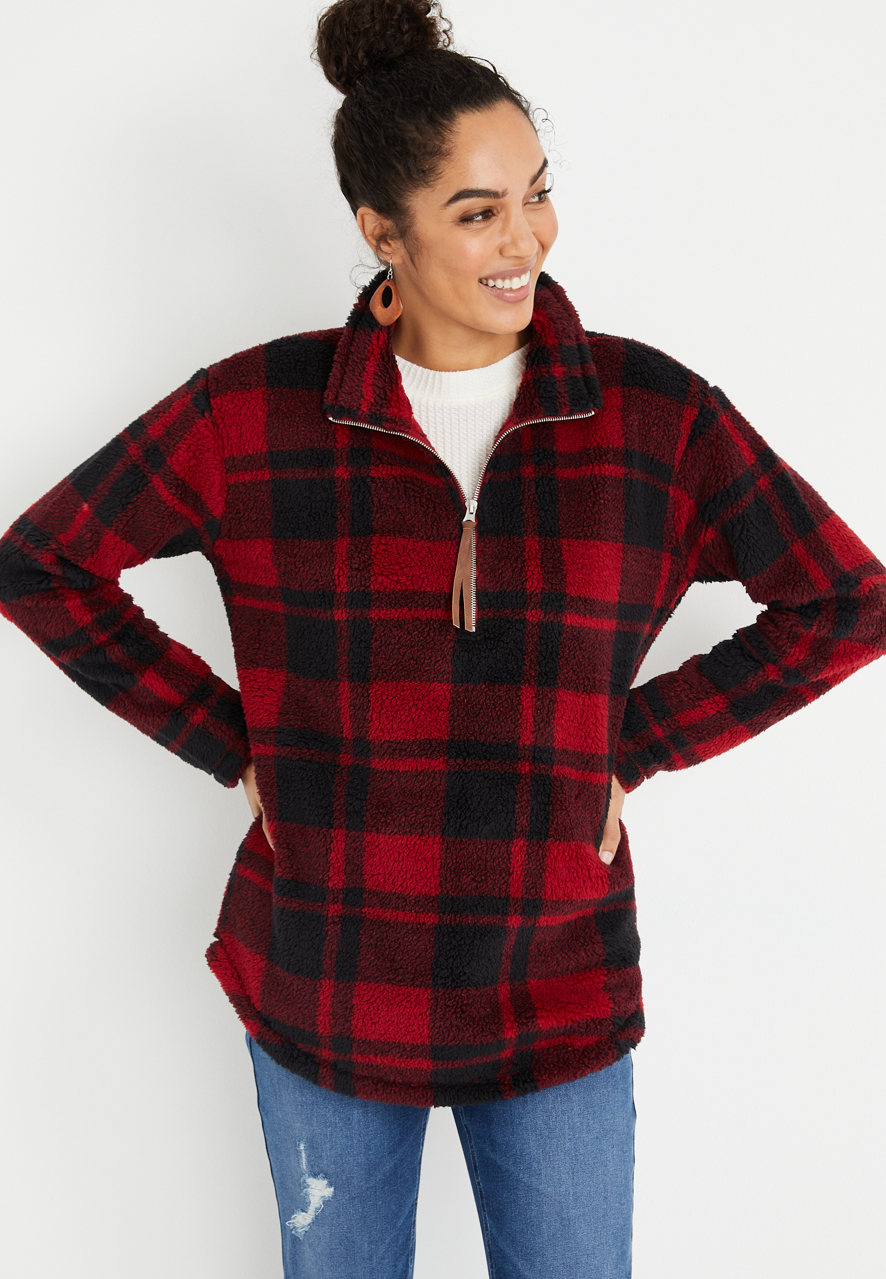 Plaid sherpa pullover discount women's