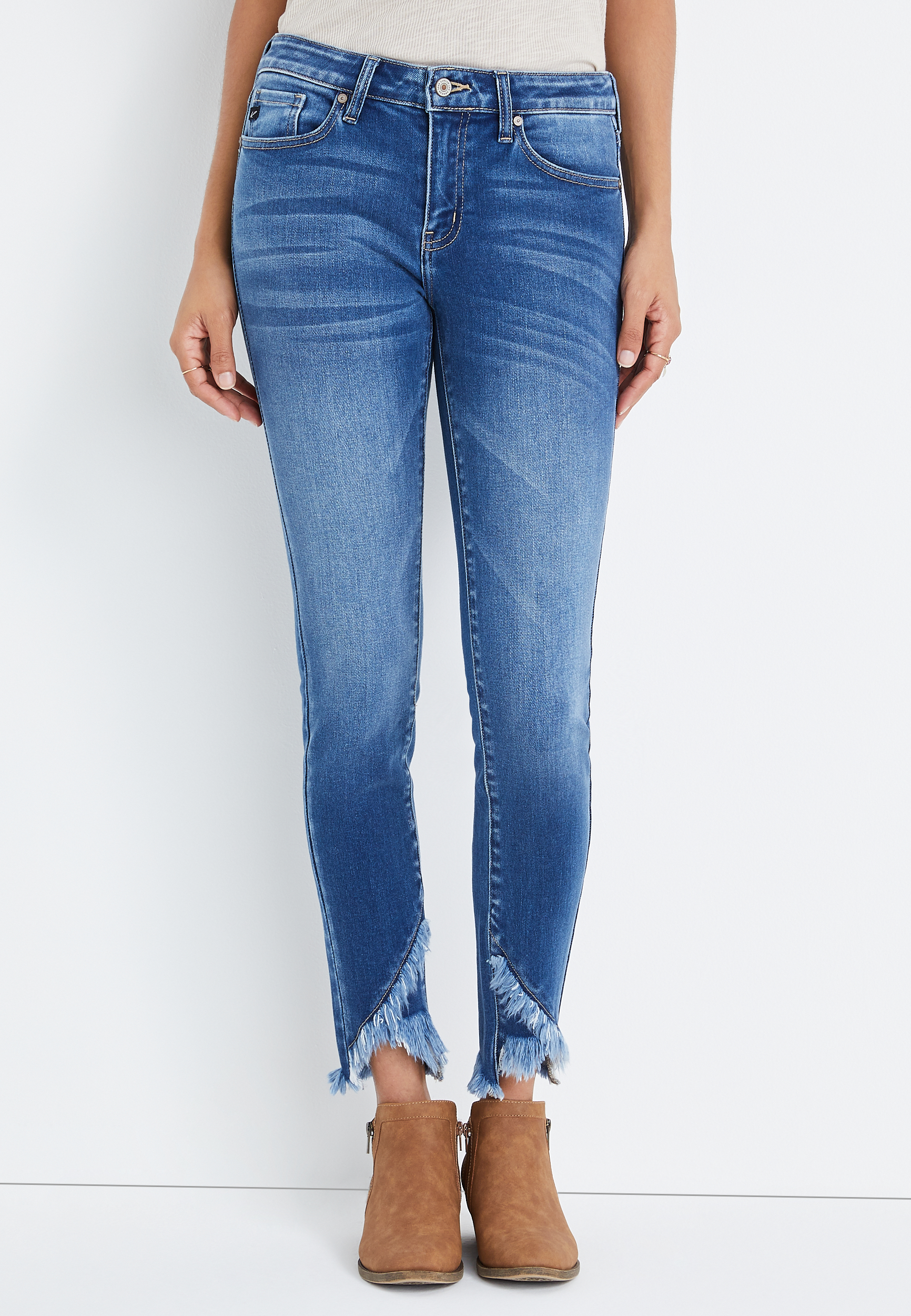 Kan Can Jeans Baleria-Caton Mid-Rise Distressed Frayed Hem Medium Wash Cropped Skinny Jeans KC6108M 